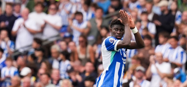 Brighton and Hove Albion's Carlos Baleba during the Premier League match at the American Express Stadium, Brighton and Hove.