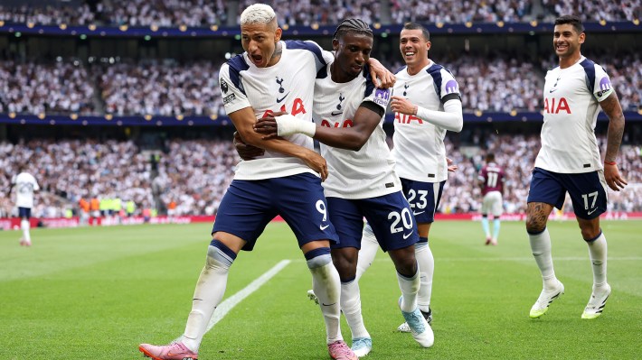 Richarlison of Tottenham Hotspur celebrates scoring his team's second goal with teammate Mohammed Kudus during the Premier League match between Tottenham Hotspur and Burnley at Tottenham Hotspur Stadium on August 16, 2025 in London, England.