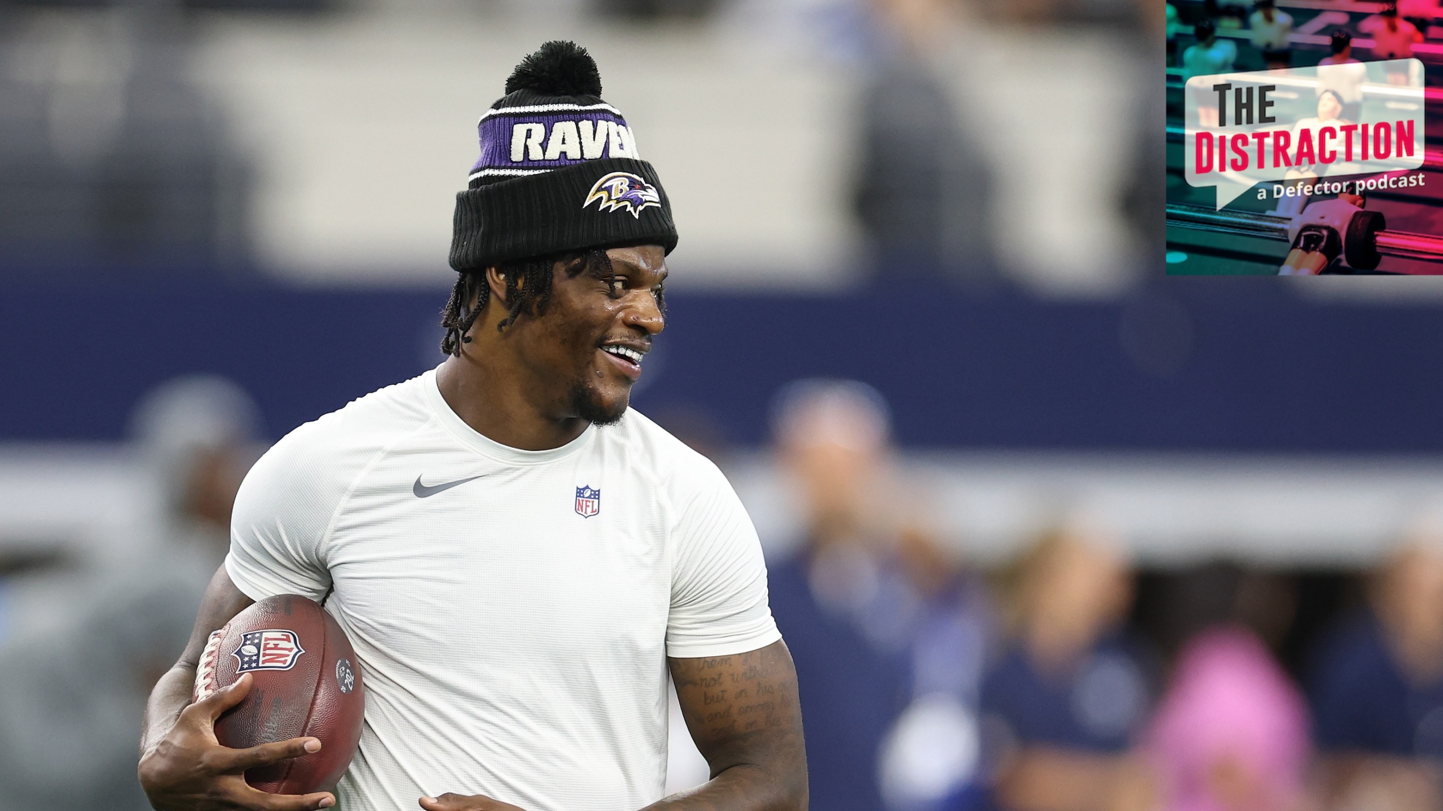 Lamar Jackson of the Baltimore Ravens participates in warmups prior to the NFL Preseason 2025 game against the Dallas Cowboys.