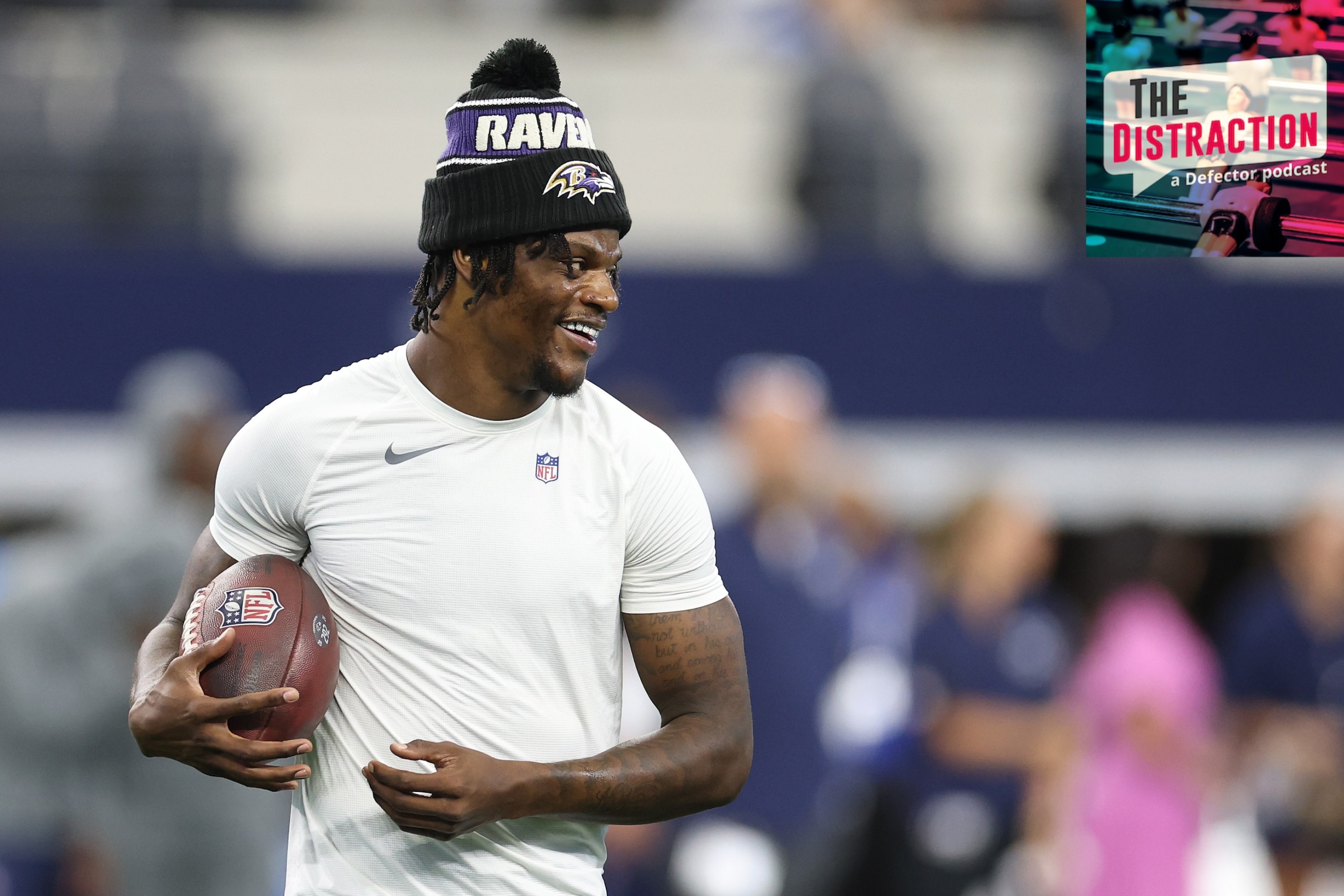 Lamar Jackson of the Baltimore Ravens participates in warmups prior to the NFL Preseason 2025 game against the Dallas Cowboys.