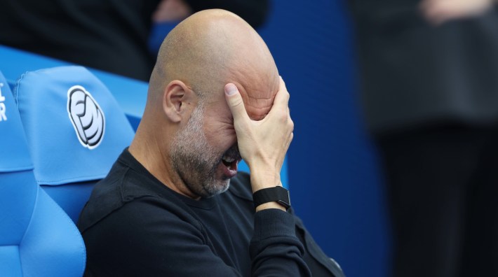 Josep Guardiola Manager of Manchester City looks dejected during the Premier League match between Brighton & Hove Albion and Manchester City at Amex Stadium on August 31, 2025 in Brighton, England. (