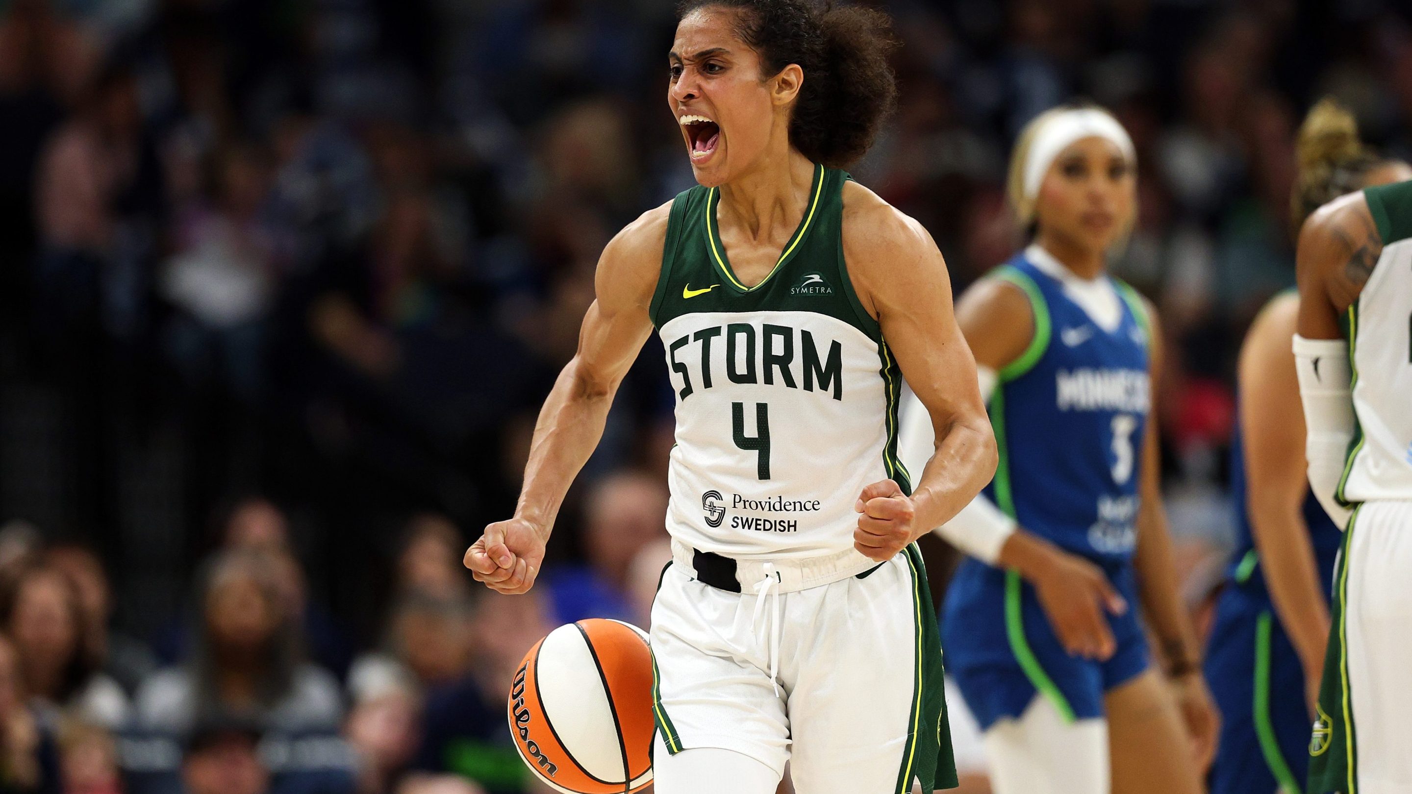 Skylar Diggins #4 of the Seattle Storm celebrates against the Minnesota Lynx in the fourth quarter at Target Center on August 28, 2025 in Minneapolis, Minnesota. The Storm defeated the Lynx 93-79.