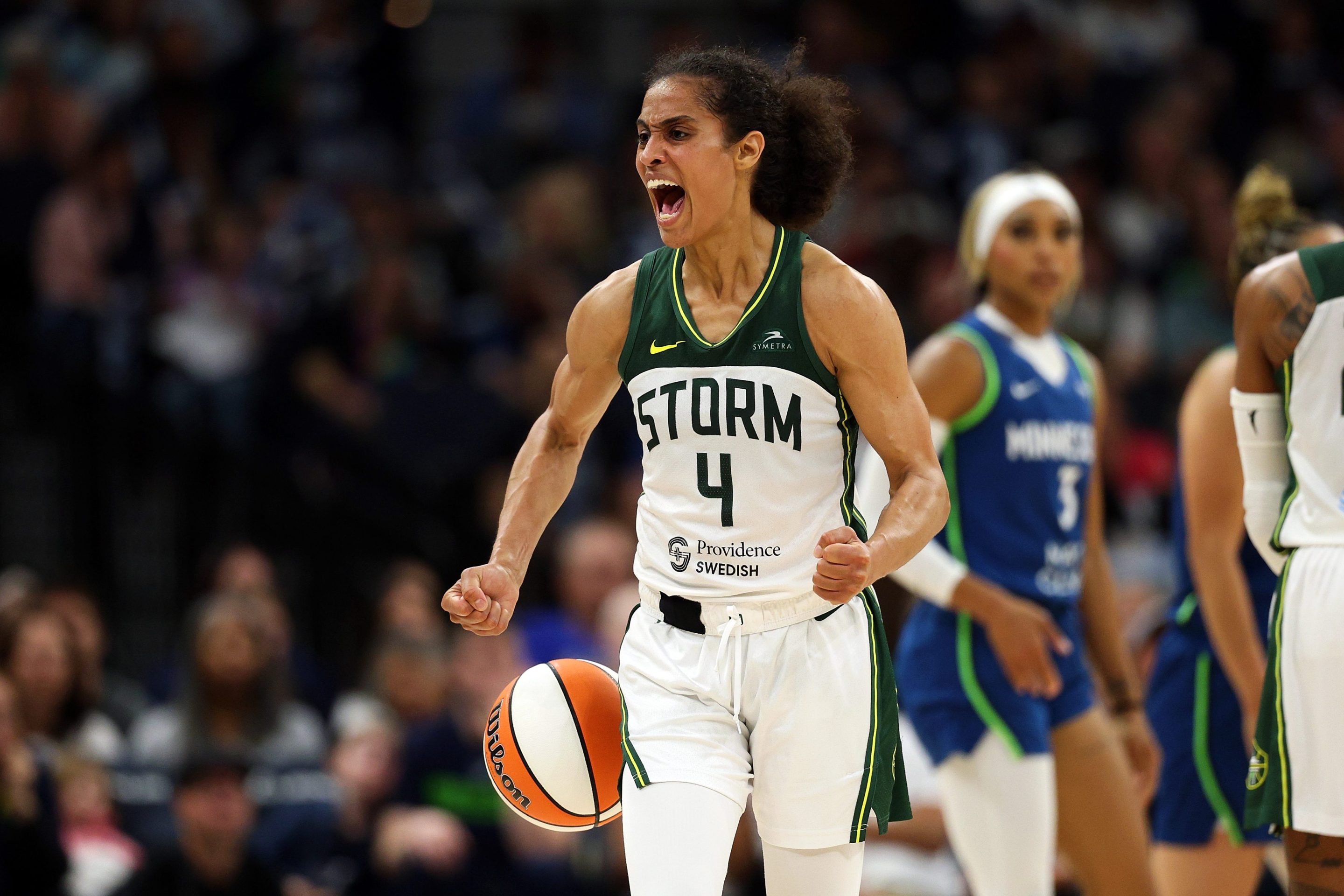 Skylar Diggins #4 of the Seattle Storm celebrates against the Minnesota Lynx in the fourth quarter at Target Center on August 28, 2025 in Minneapolis, Minnesota. The Storm defeated the Lynx 93-79.