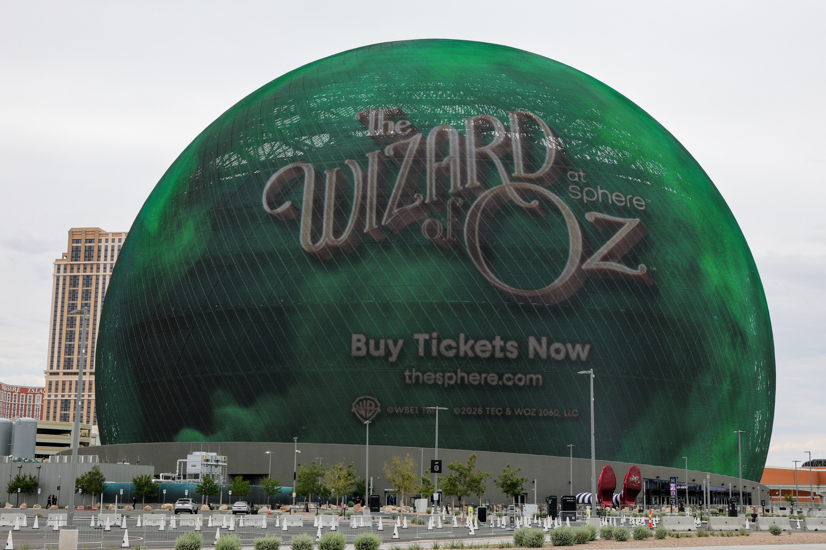 Sphere lights up with an advertisement for "The Wizard of Oz at Sphere" ahead of the show's premiere
