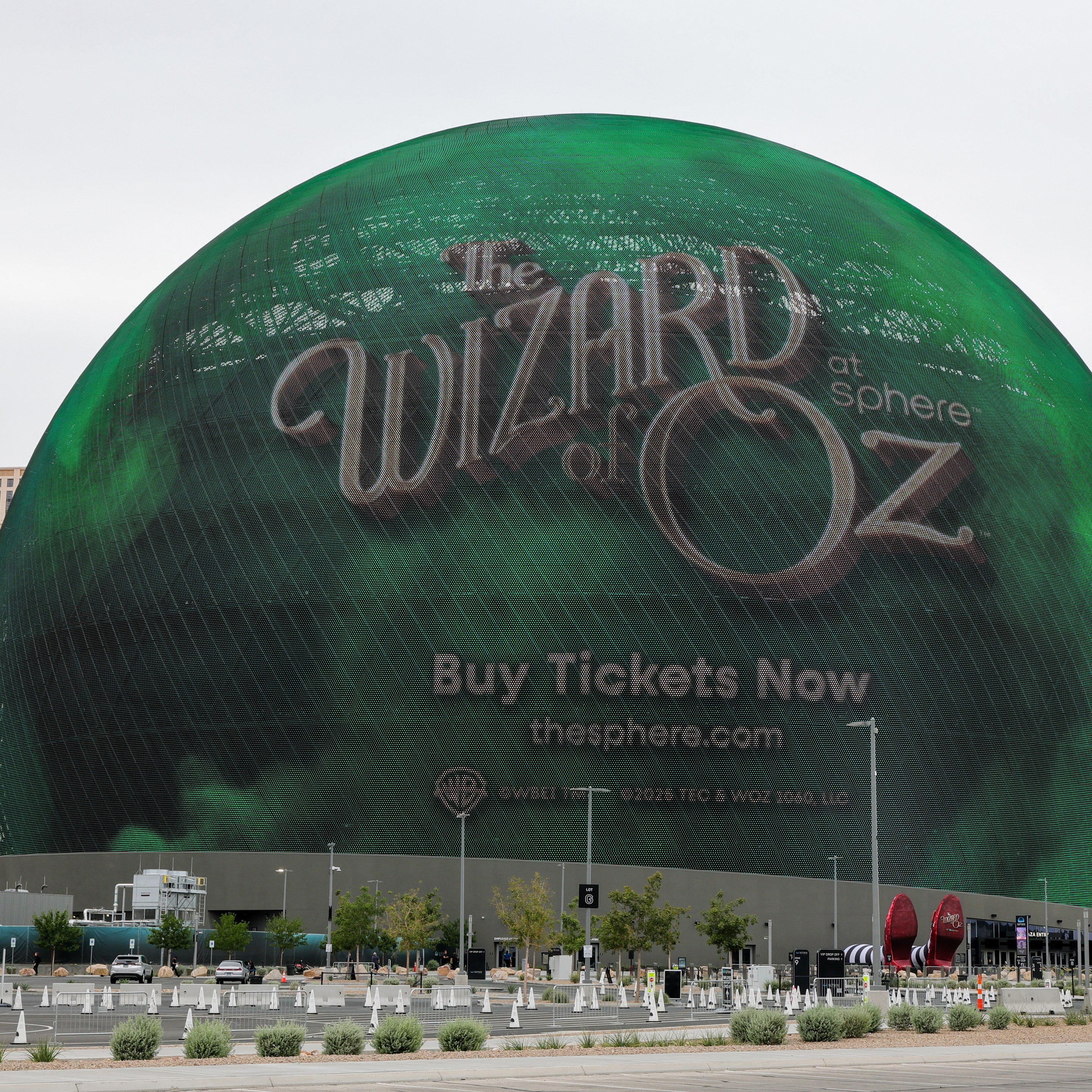 Sphere lights up with an advertisement for "The Wizard of Oz at Sphere" ahead of the show's premiere