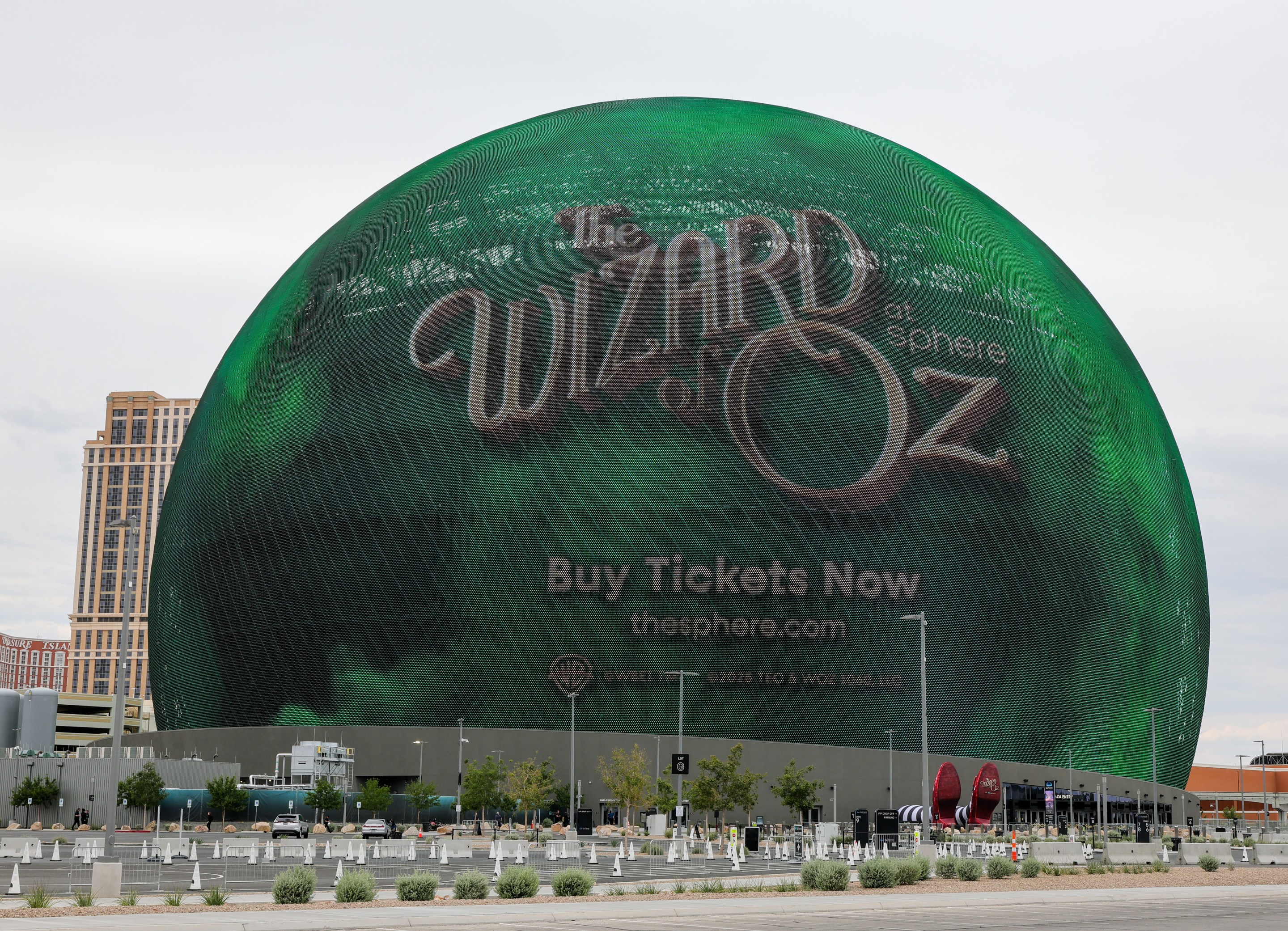 Sphere lights up with an advertisement for "The Wizard of Oz at Sphere" ahead of the show's premiere