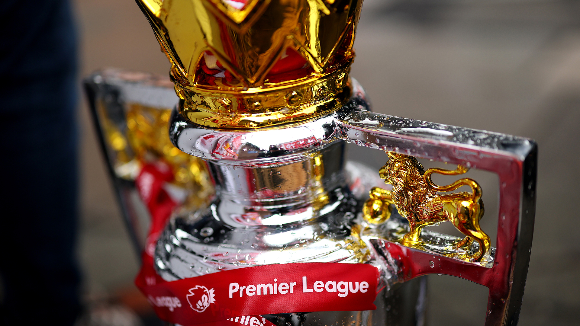 A detailed view of a replica Premier League Trophy outside the stadium prior to the Premier League match between Liverpool and Arsenal at Anfield on August 31, 2025 in Liverpool, England.