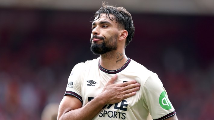 Lucas Paqueta of West Ham United celebrates scoring his team's second goal from the penalty spot during the Premier League match between Nottingham Forest and West Ham United at City Ground on August 31, 2025 in Nottingham, England.