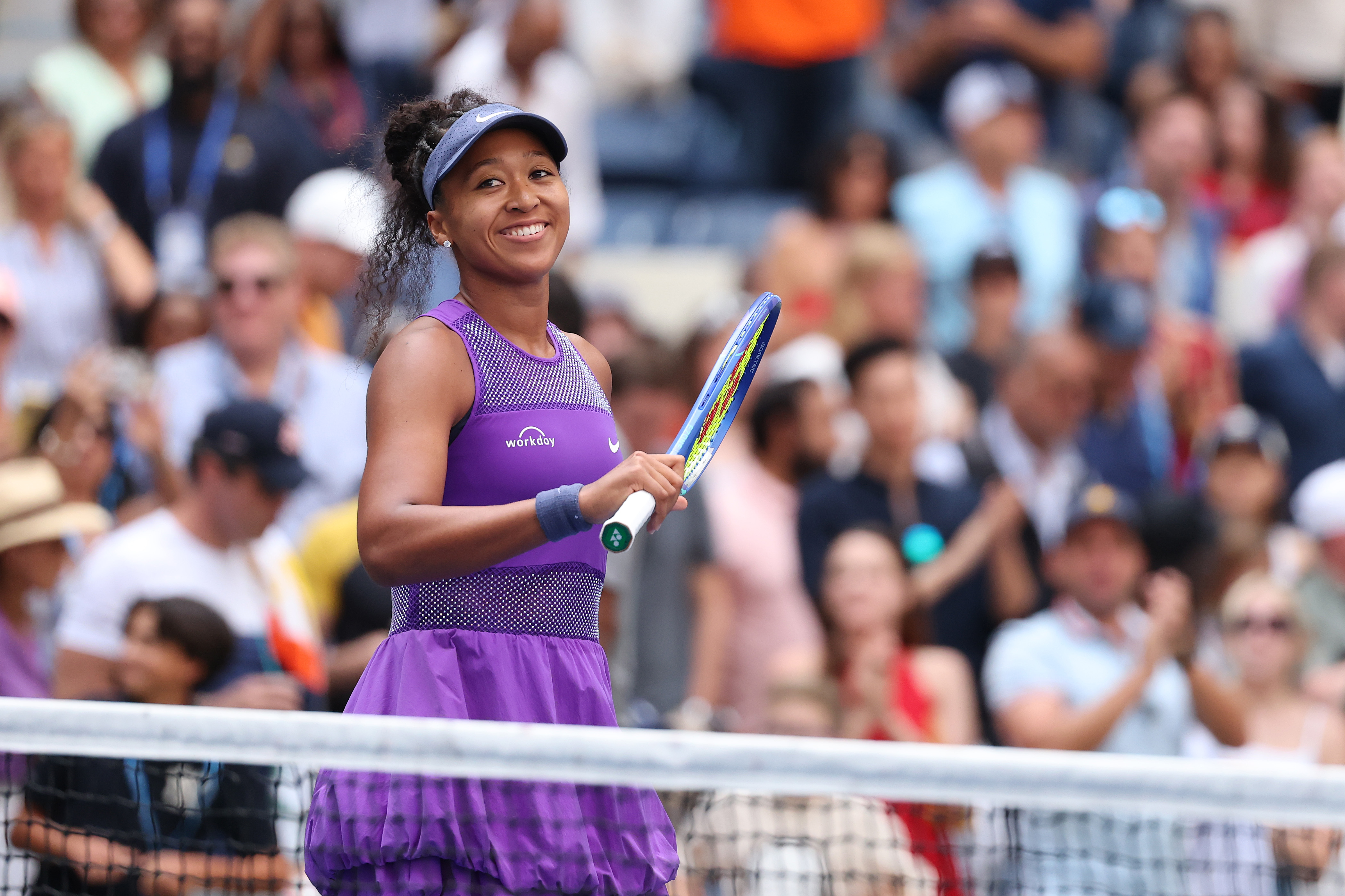 NEW YORK, NEW YORK - SEPTEMBER 01: Naomi Osaka of Japan celebrates after defeating Coco Gauff of the United States during their Men's Singles Fourth Round match on Day Nine of the 2025 US Open at USTA Billie Jean King National Tennis Center on September 1, 2025 in the Flushing neighborhood of the Queens borough of New York City. (Photo by Ishika Samant/Getty Images)
