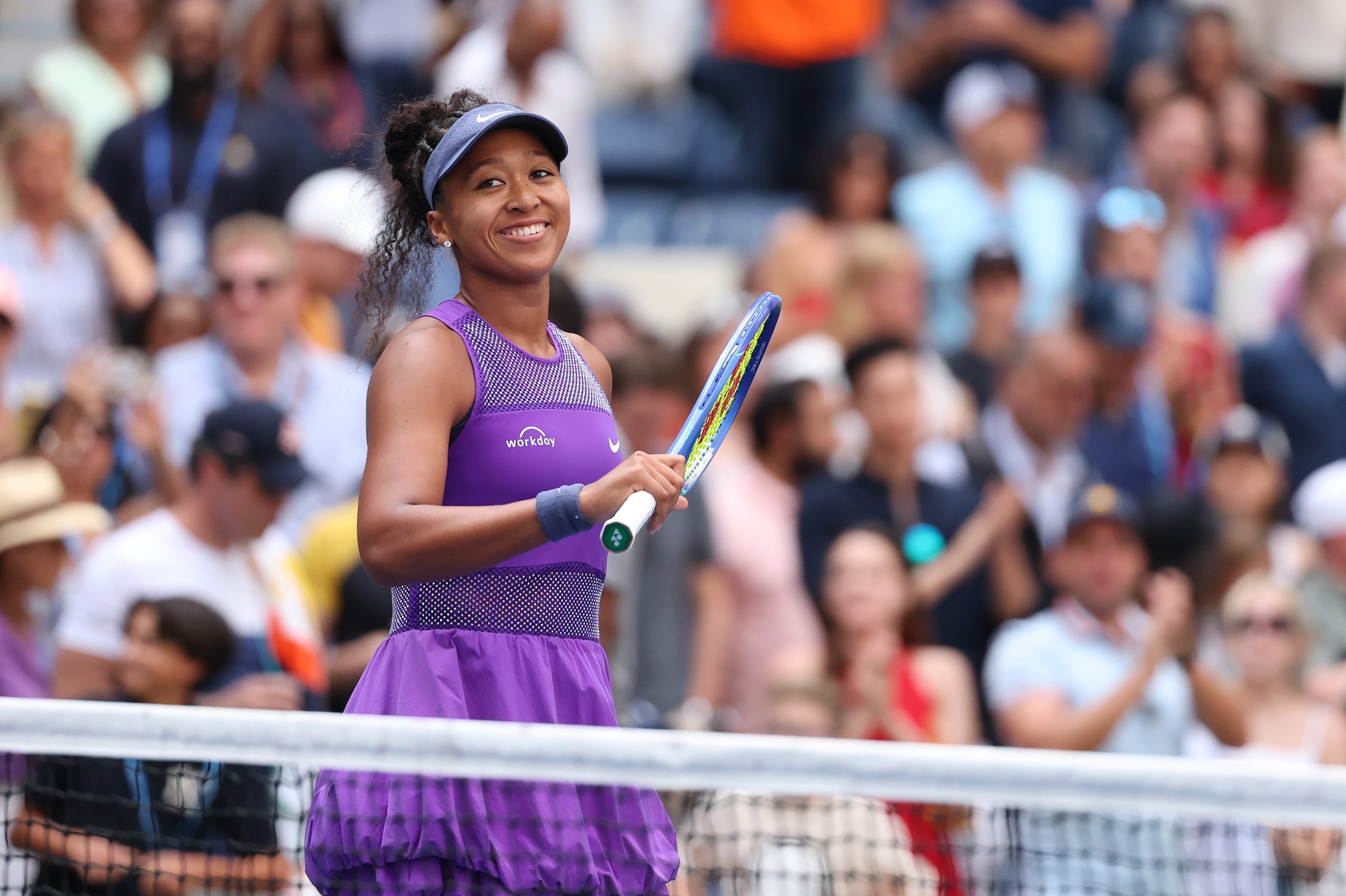 NEW YORK, NEW YORK - SEPTEMBER 01: Naomi Osaka of Japan celebrates after defeating Coco Gauff of the United States during their Men's Singles Fourth Round match on Day Nine of the 2025 US Open at USTA Billie Jean King National Tennis Center on September 1, 2025 in the Flushing neighborhood of the Queens borough of New York City. (Photo by Ishika Samant/Getty Images)