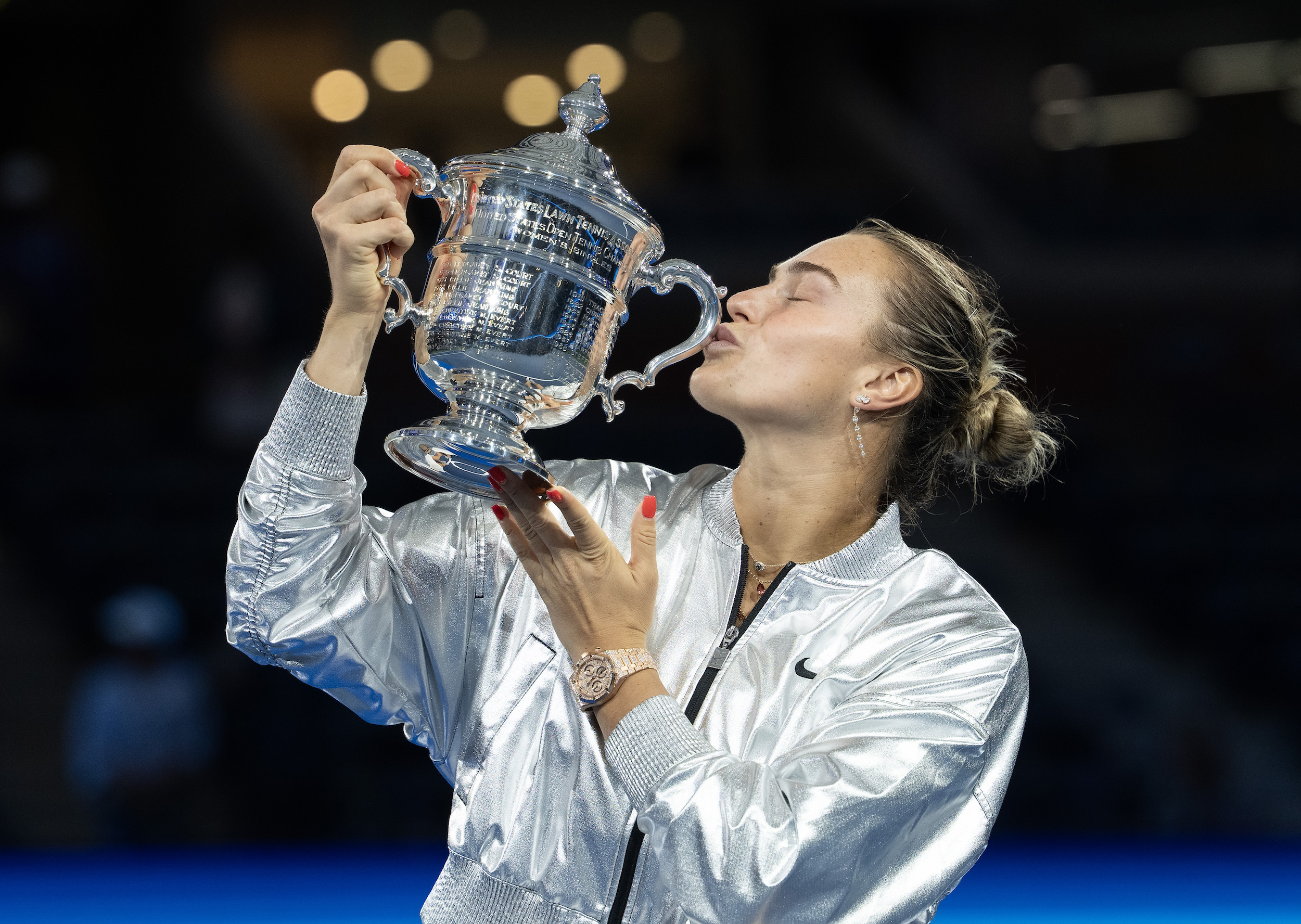 Aryna Sabalenka poses with her trophy after defeating Amanda Anisimova of the United States during their Women's Singles Final match on Day Fourteen of the 2025 US Open at USTA Billie Jean King National Tennis Center on September 06, 2025 in New York City. (Photo by Susan Mullane/ISI Photos/ISI Photos via Getty Images)