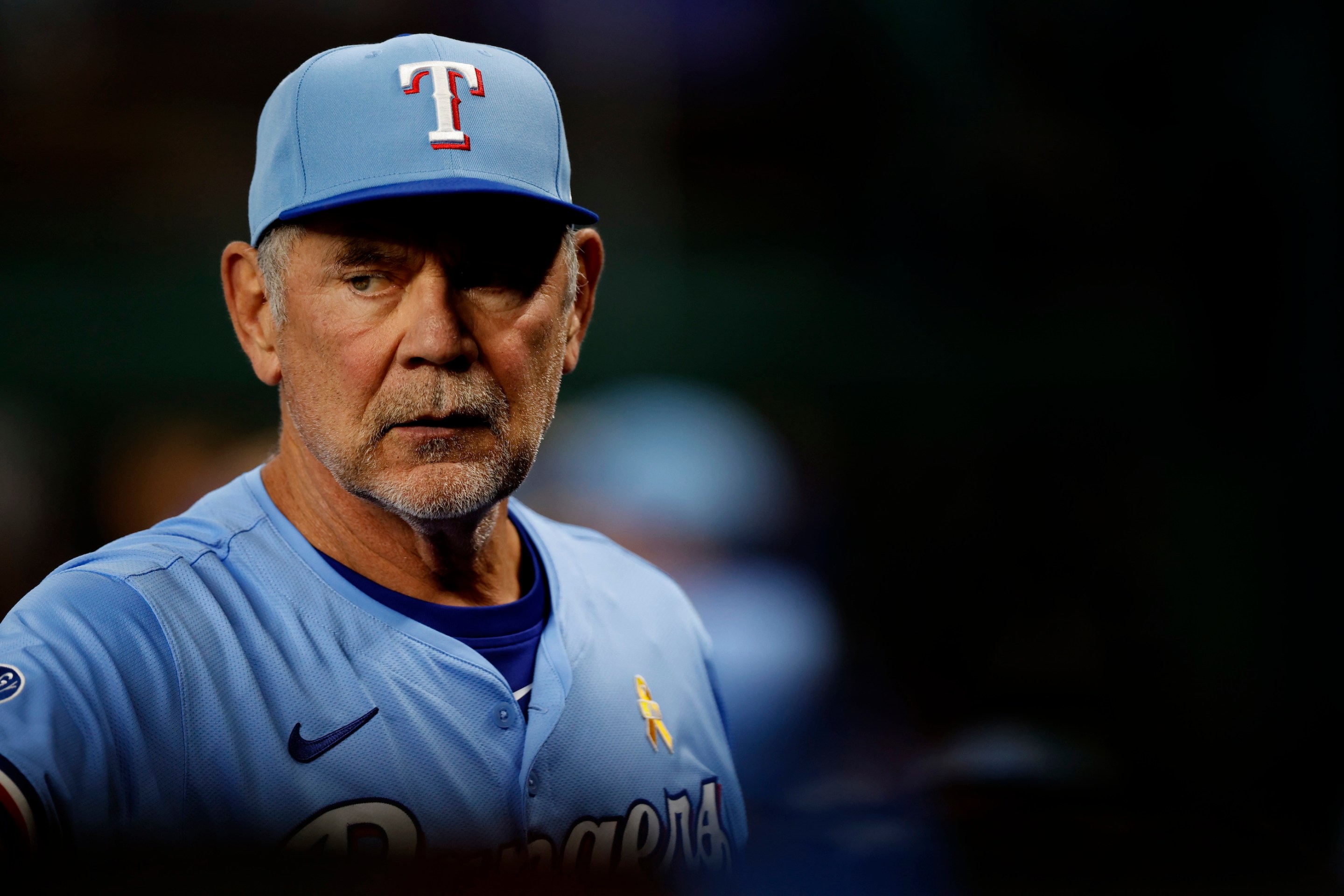 Bruce Bochy, manager of the Texas Rangers looks on before the game against the Houston Astros at Globe Life Field on September 7, 2025 in Arlington, Texas.