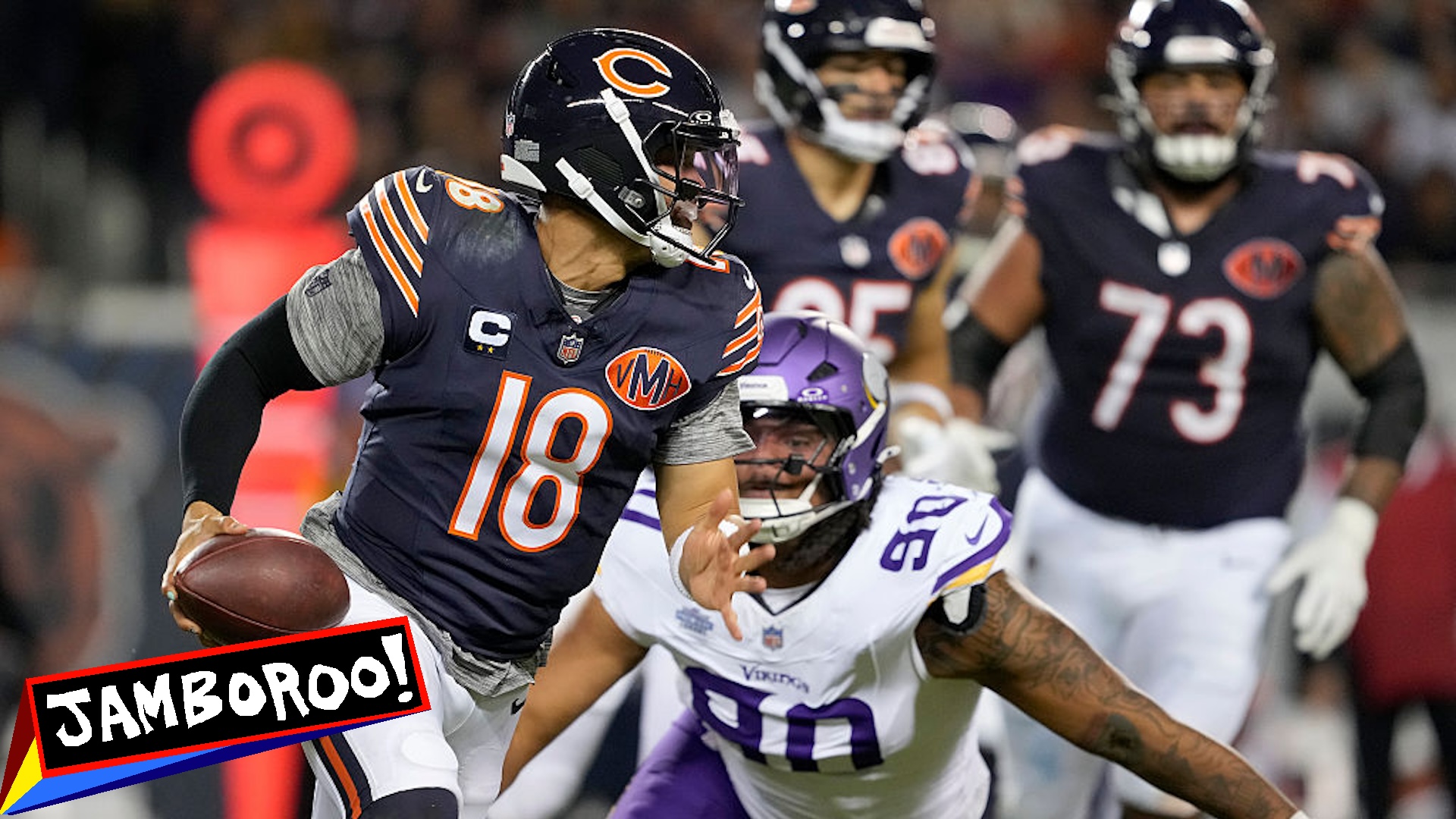Caleb Williams #18 of the Chicago Bears makes a pass while under pressure during the game against the Minnesota Vikings at Soldier Field on September 08, 2025 in Chicago, Illinois.