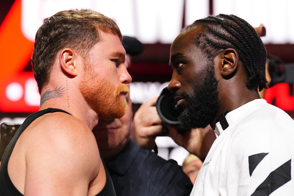 Canelo Alvarez and Terence Crawford face off during the Canelo v Crawford press conference at T-Mobile Arena on September 11, 2025 in Las Vegas, Nevada.