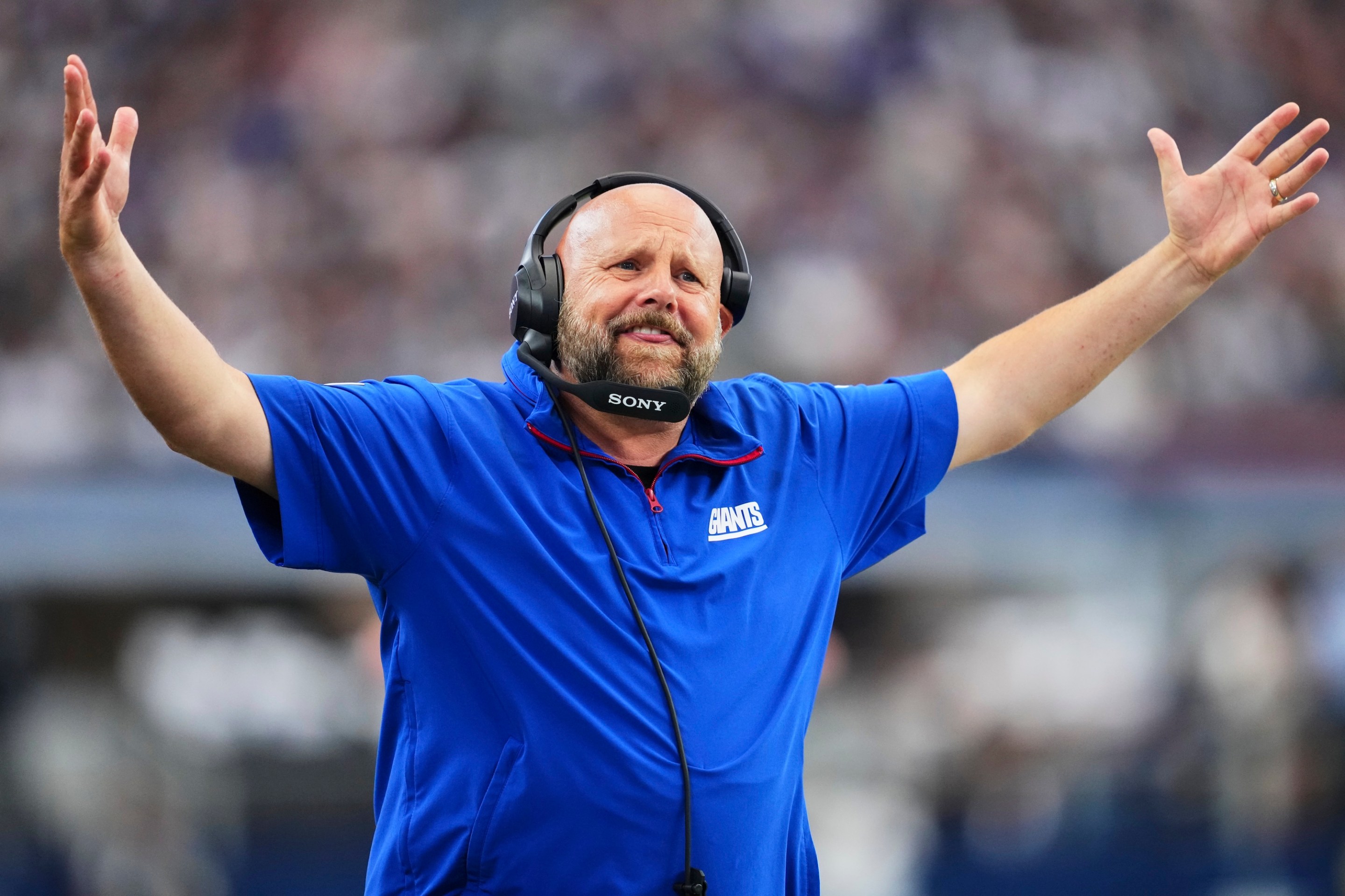 ARLINGTON, TX - SEPTEMBER 14: New York Giants head coach Brian Daboll reacts after a play against the Dallas Cowboys during an NFL football game at AT&amp;T Field on September 14, 2025 in Arlington, Texas. (Photo by Cooper Neill/Getty Images)