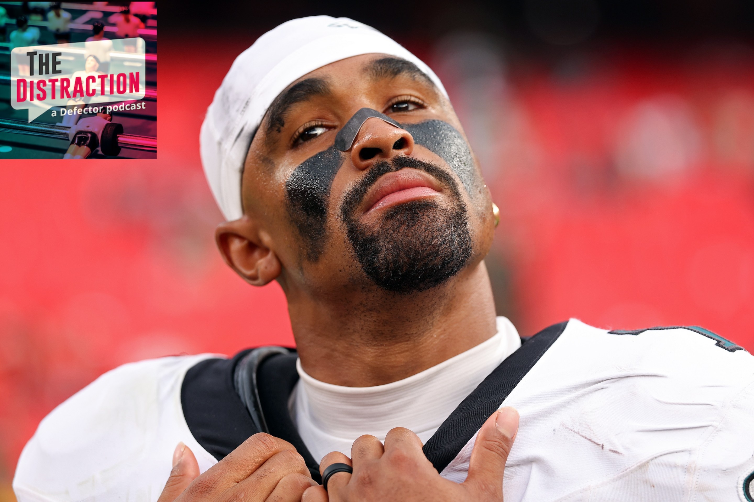 Jalen Hurts looking thoughtful after defeating the Kansas City Chiefs in the game at Arrowhead Stadium on September 14, 2025 in Kansas City. The Distraction logo is at upper left.