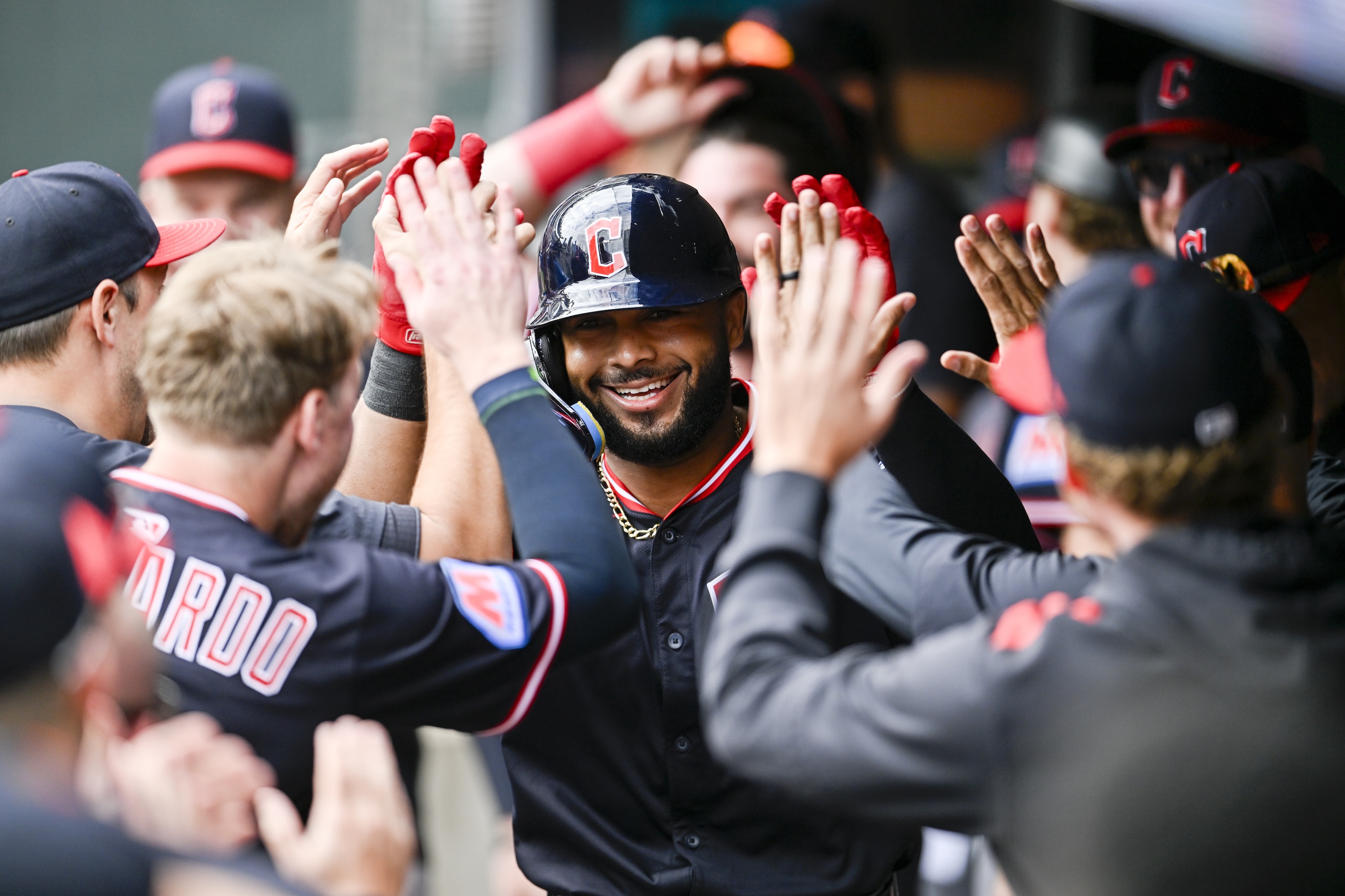 MINNEAPOLIS, MINNESOTA - SEPTEMBER 20: George Valera #35 of the Cleveland Guardians celebrates after hitting a solo home run against the Minnesota Twins in the second inning of game one of a doubleheader at Target Field on September 20, 2025 in Minneapolis, Minnesota. (Photo by Stephen Maturen/Getty Images)