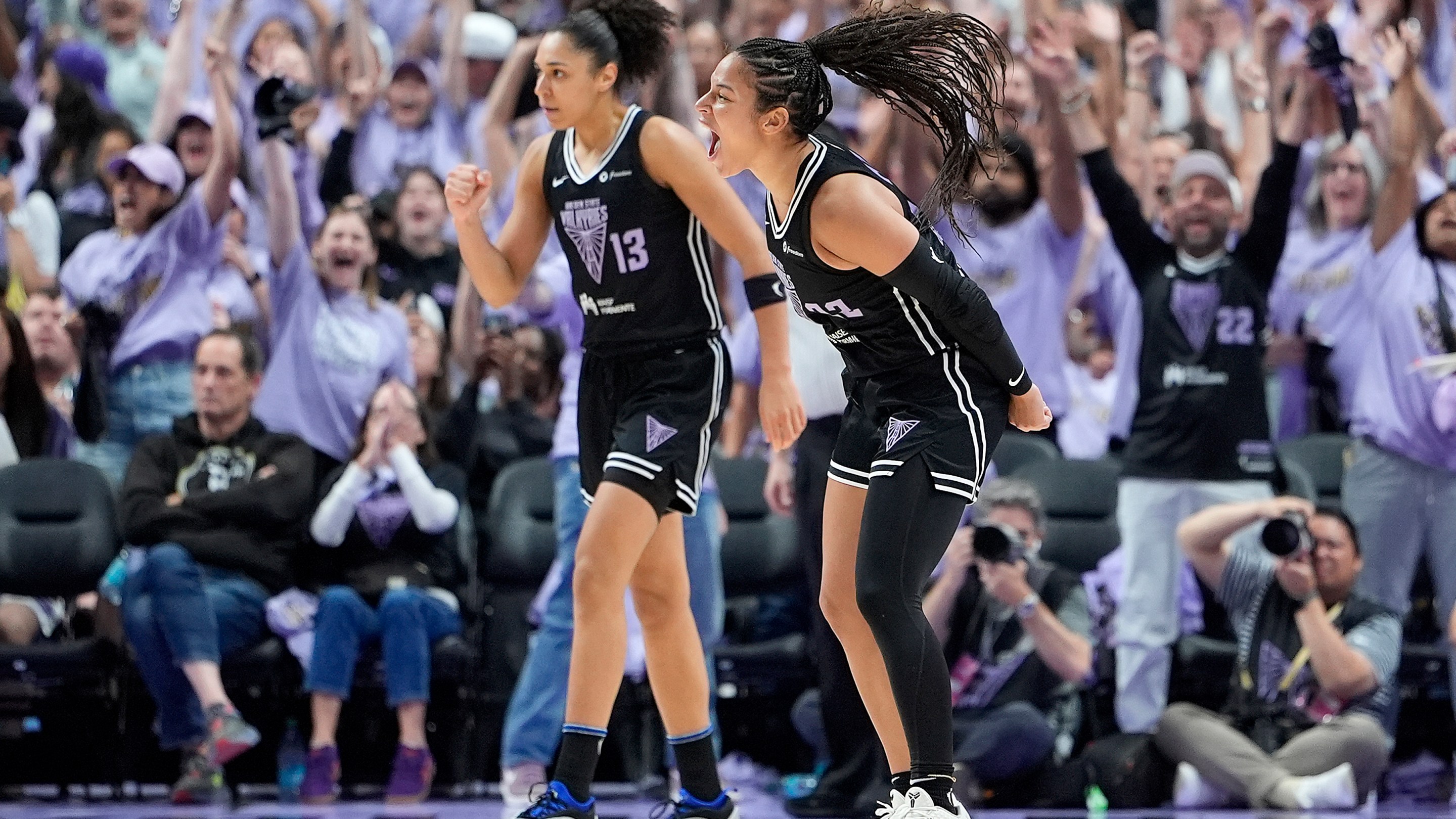 Veronica Burton #22 of the Golden State Valkyries reacts after making a three-point shot against the Minnesota Lynx during the second half of Game Two in the first round of WNBA Playoffs at Sap Center on September 17, 2025 in San Jose, California.