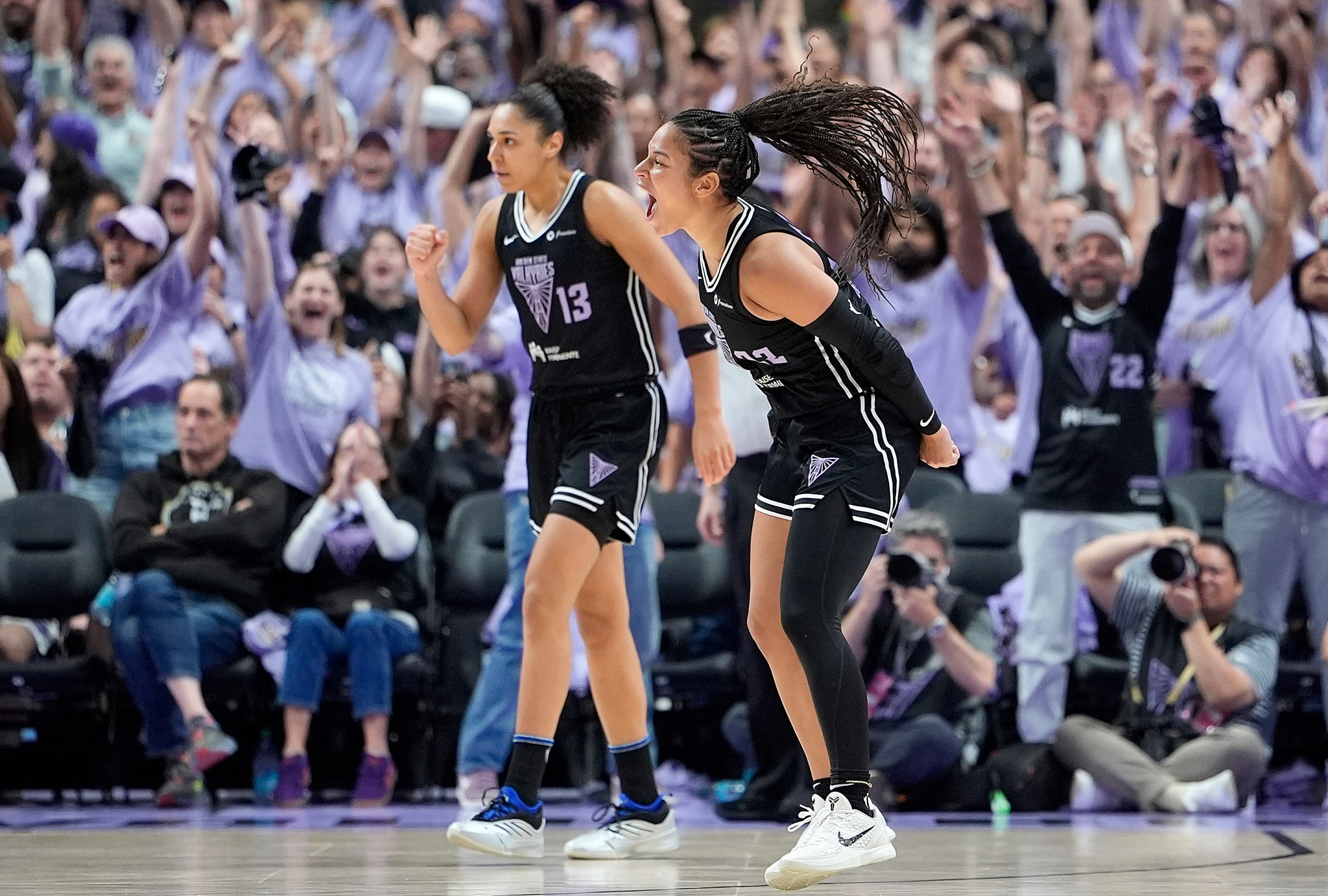 Veronica Burton #22 of the Golden State Valkyries reacts after making a three-point shot against the Minnesota Lynx during the second half of Game Two in the first round of WNBA Playoffs at Sap Center on September 17, 2025 in San Jose, California.