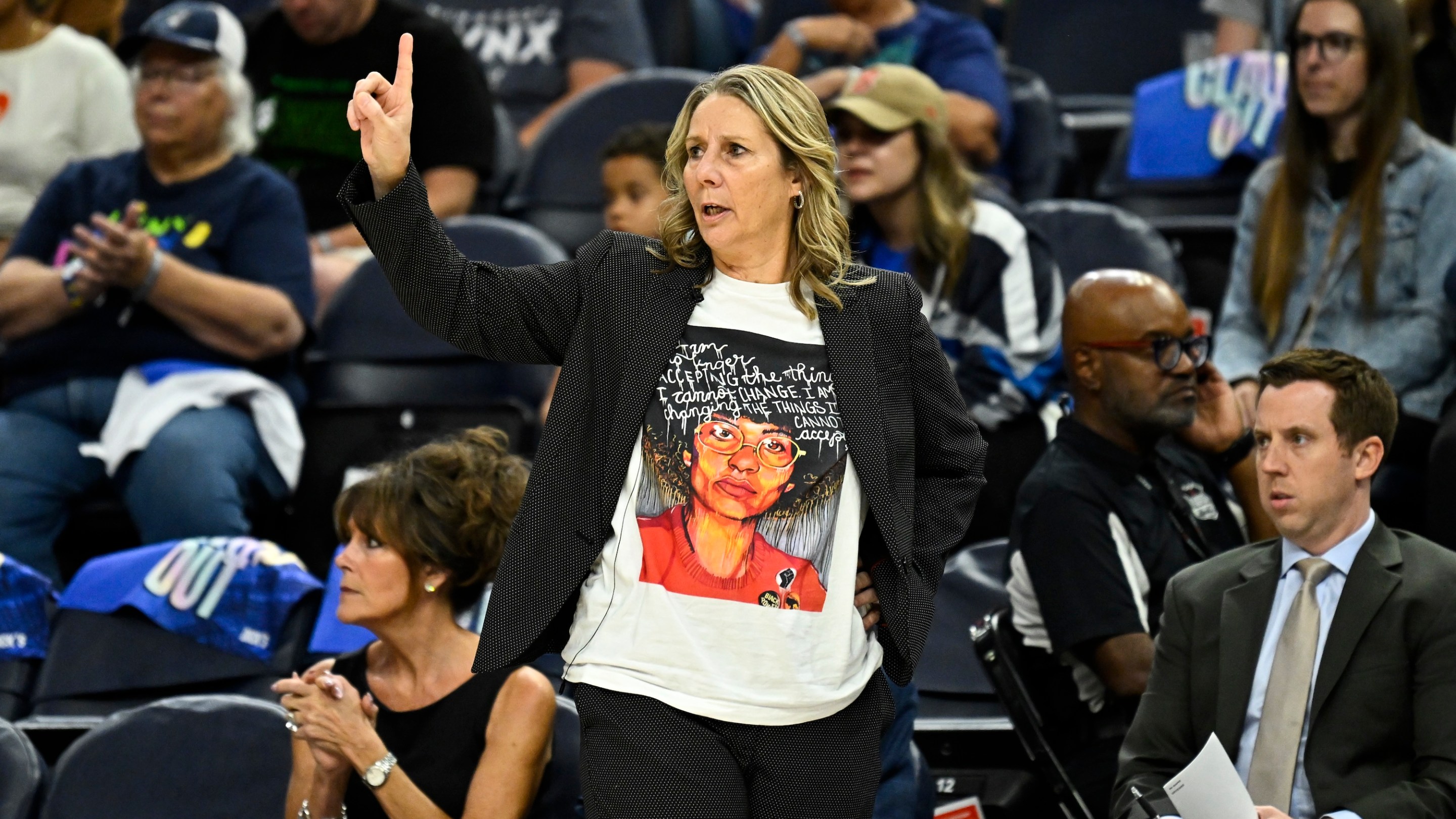 Cheryl Reeve head coach of the Minnesota Lynx calls to her team against Phoenix Mercury in the first quarter during Game One of the second round of the WNBA Playoffs at Target Center on September 21, 2025 in Minneapolis, Minnesota.