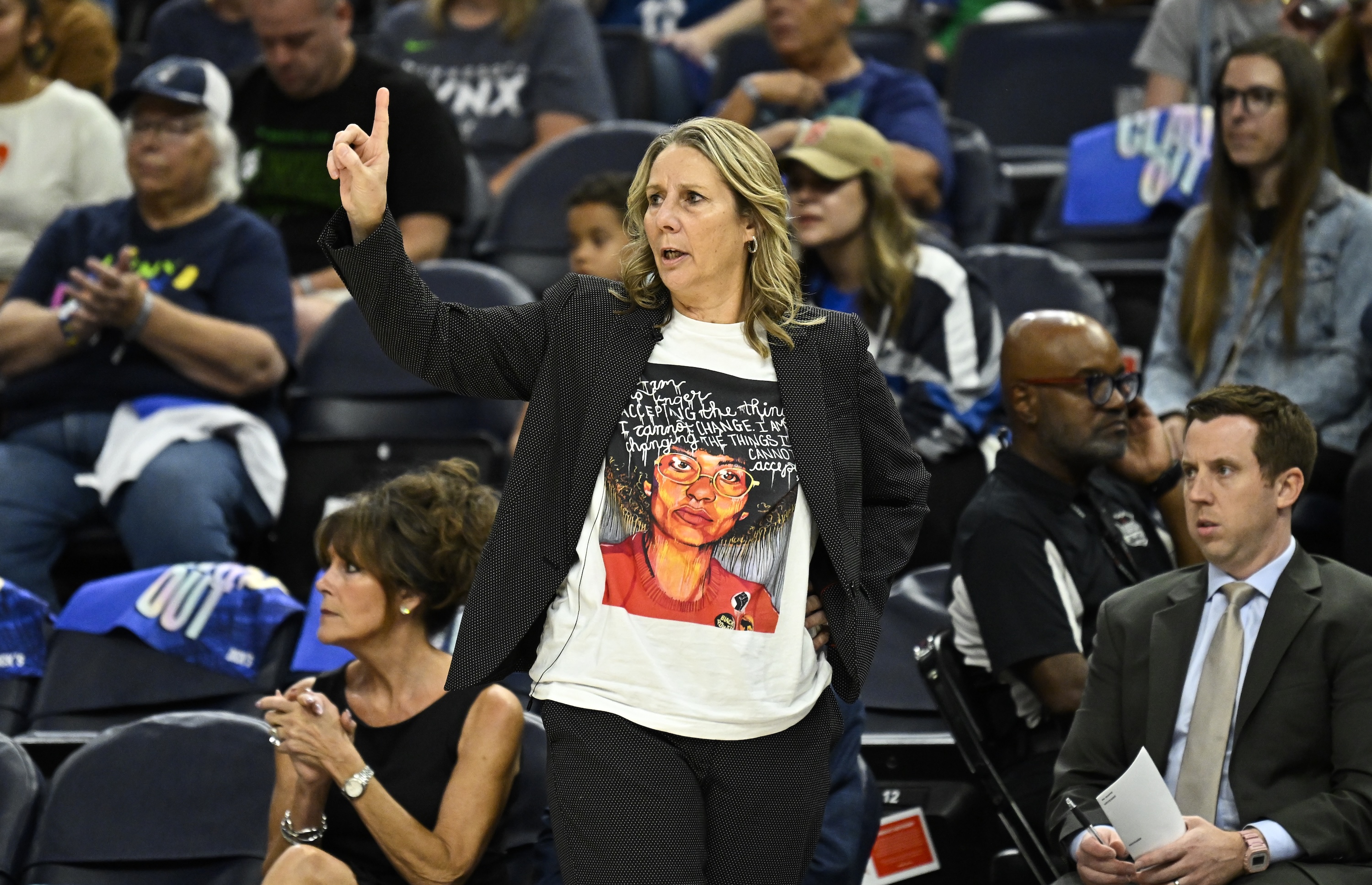 Cheryl Reeve head coach of the Minnesota Lynx calls to her team against Phoenix Mercury in the first quarter during Game One of the second round of the WNBA Playoffs at Target Center on September 21, 2025 in Minneapolis, Minnesota.