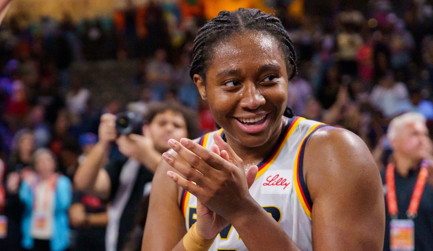 Aliyah Boston #7 of the Indiana Fever celebrates the win after the game three of the first round of WNBA Playoffs between the Indiana Fever and Atlanta Dream at Gateway Center Arena on September 18, 2025 in College Park, Georgia. NOTE TO USER: User expressly acknowledges and agrees that, by downloading and or using this photograph, User is consenting to the terms and conditions of the Getty Images License Agreement. (Photo by Andrew J. Clark/ISI Photos/ISI Photos via Getty Images)