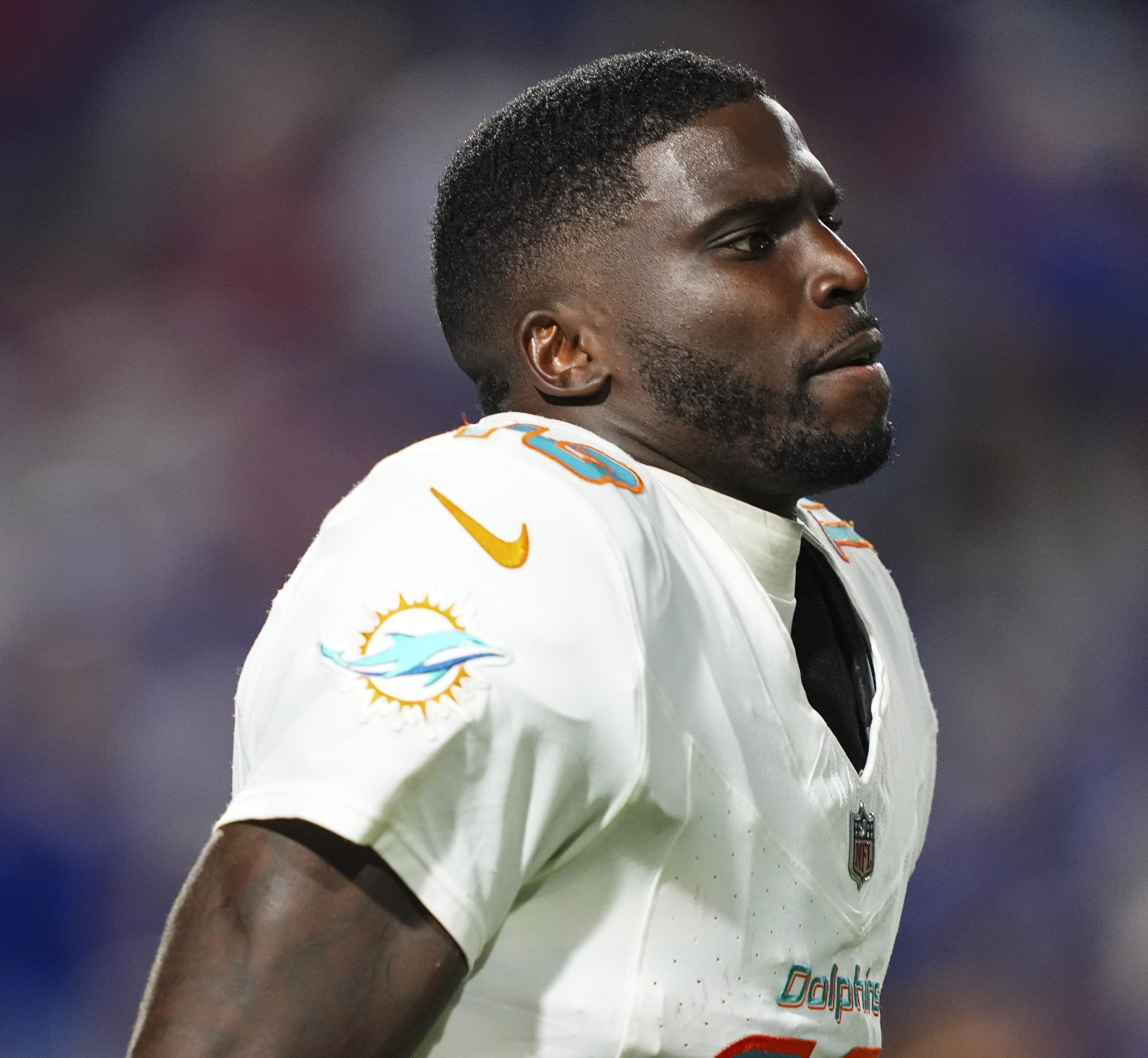 Tyreek Hill #10 of the Miami Dolphins runs across the field during an NFL football game against the Buffalo Bills at Highmark Stadium on September 18, 2025 in Orchard Park, New York.