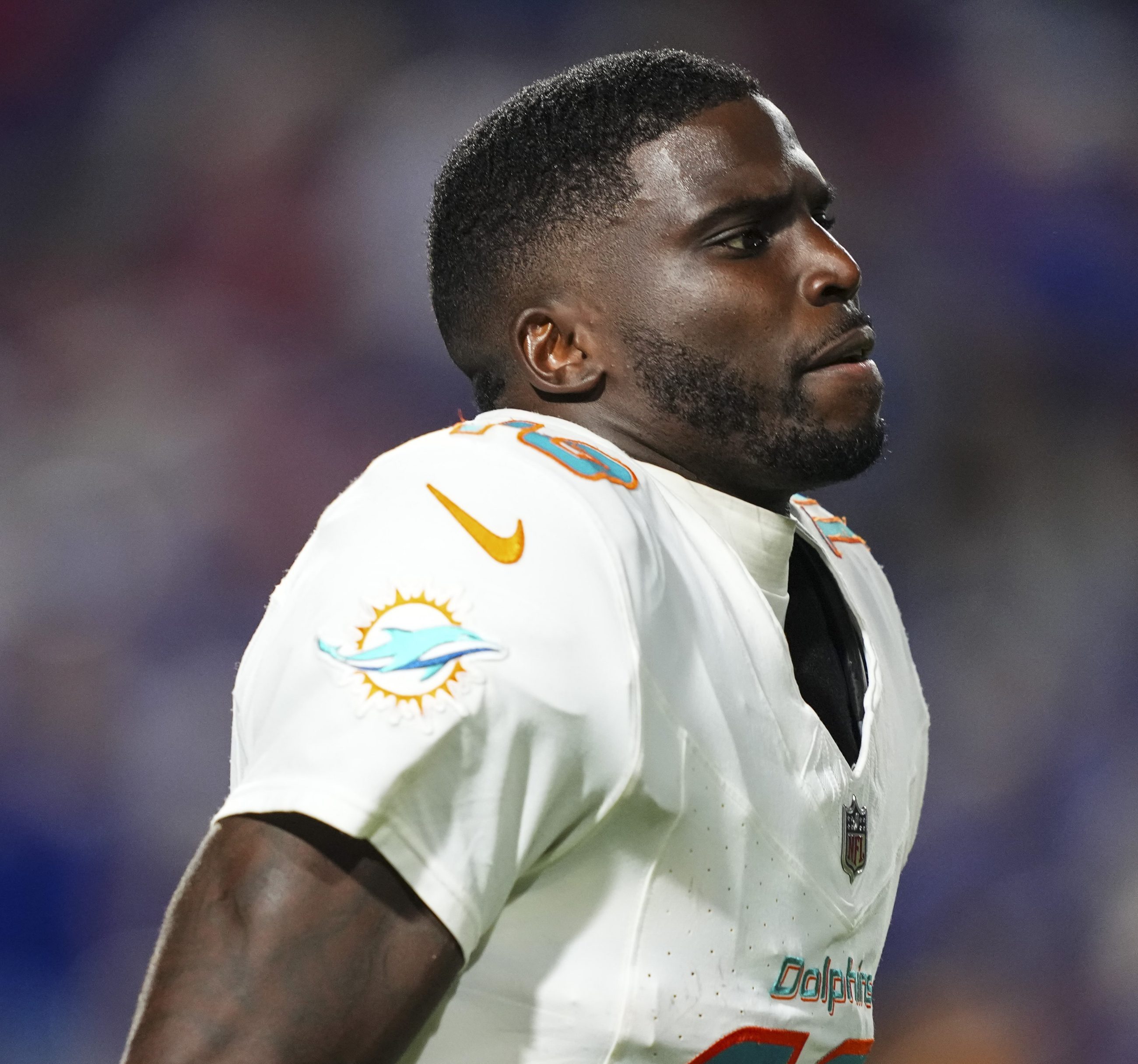 Tyreek Hill #10 of the Miami Dolphins runs across the field during an NFL football game against the Buffalo Bills at Highmark Stadium on September 18, 2025 in Orchard Park, New York.
