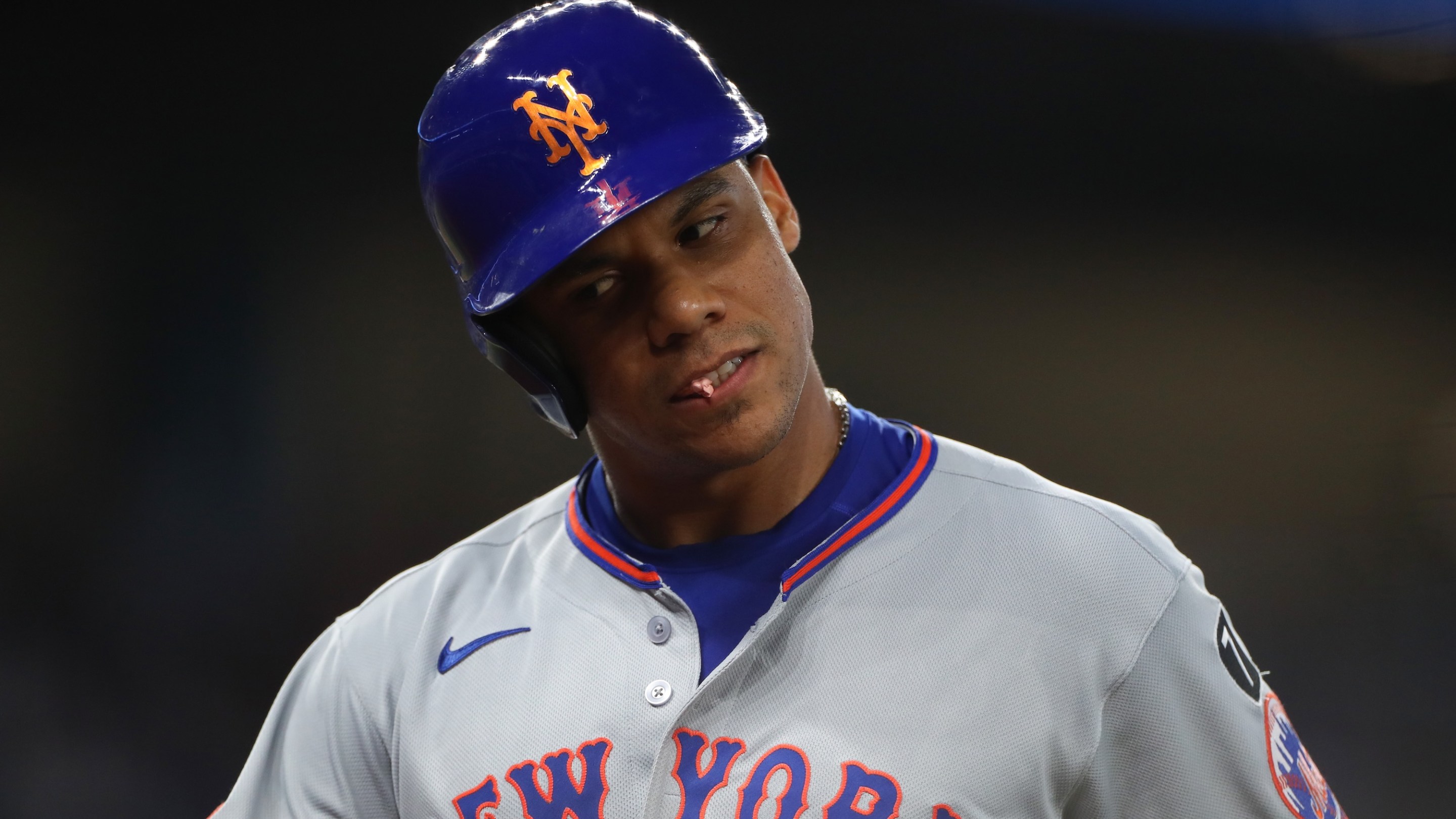 MIAMI, FLORIDA - SEPTEMBER 28: Juan Soto #22 of the New York Mets reacts after striking out during the first inning against the Miami Marlins at loanDepot park on September 28, 2025 in Miami, Florida. (Photo by Tomas Diniz Santos/Getty Images)