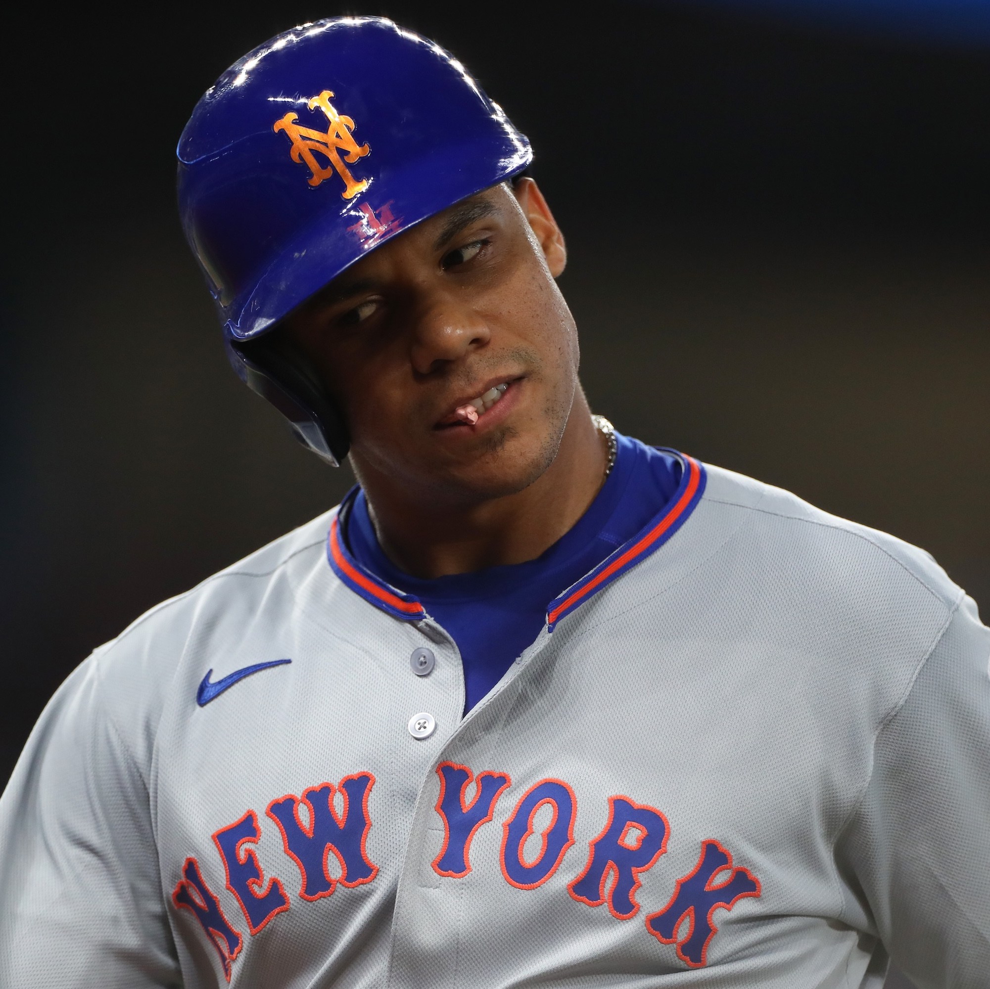 MIAMI, FLORIDA - SEPTEMBER 28: Juan Soto #22 of the New York Mets reacts after striking out during the first inning against the Miami Marlins at loanDepot park on September 28, 2025 in Miami, Florida. (Photo by Tomas Diniz Santos/Getty Images)