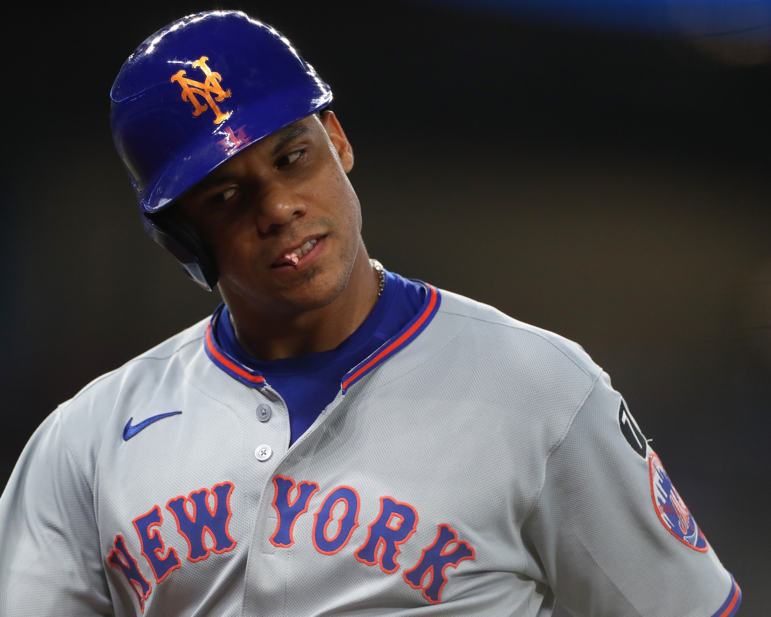MIAMI, FLORIDA - SEPTEMBER 28: Juan Soto #22 of the New York Mets reacts after striking out during the first inning against the Miami Marlins at loanDepot park on September 28, 2025 in Miami, Florida. (Photo by Tomas Diniz Santos/Getty Images)