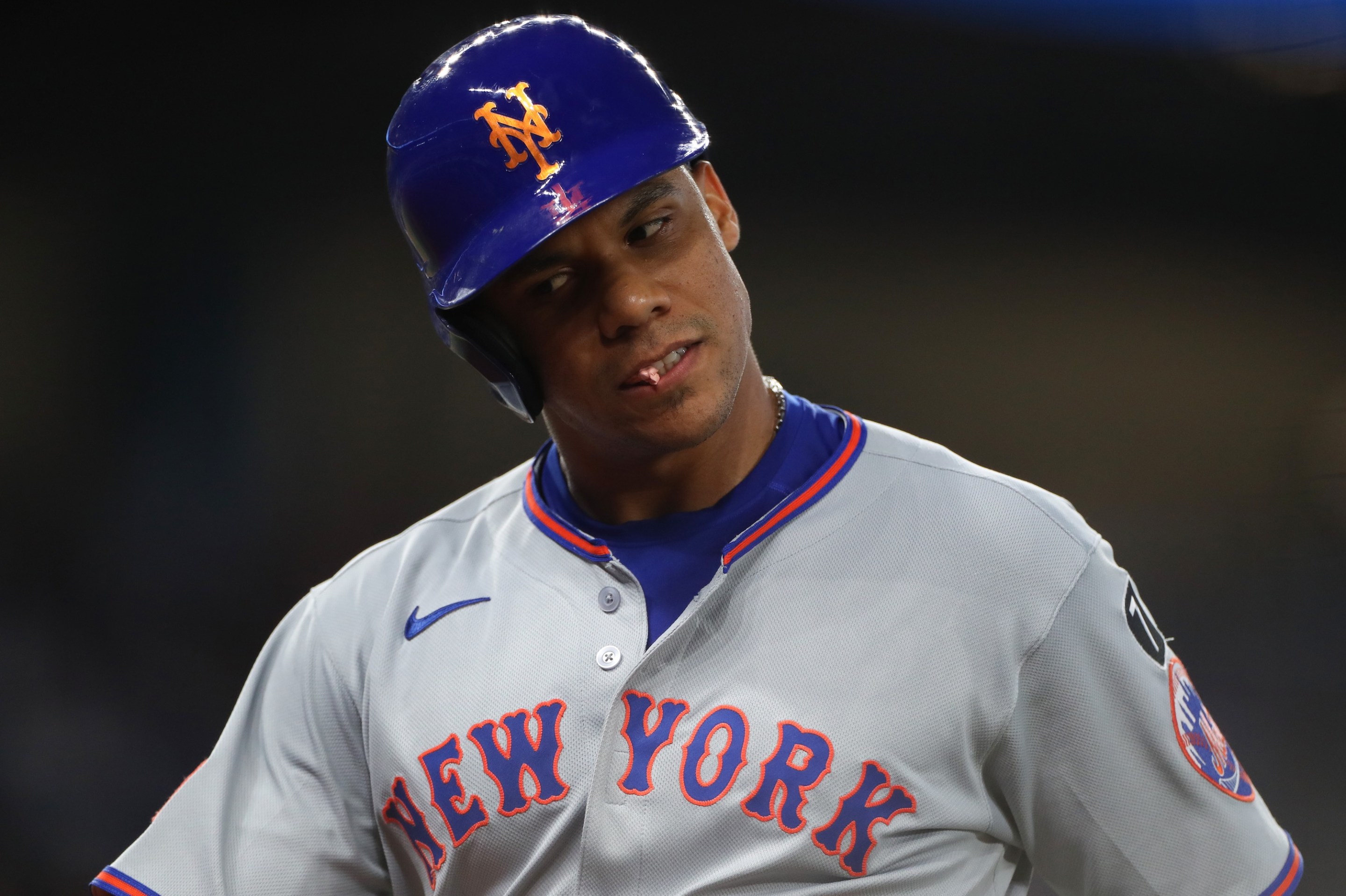 MIAMI, FLORIDA - SEPTEMBER 28: Juan Soto #22 of the New York Mets reacts after striking out during the first inning against the Miami Marlins at loanDepot park on September 28, 2025 in Miami, Florida. (Photo by Tomas Diniz Santos/Getty Images)