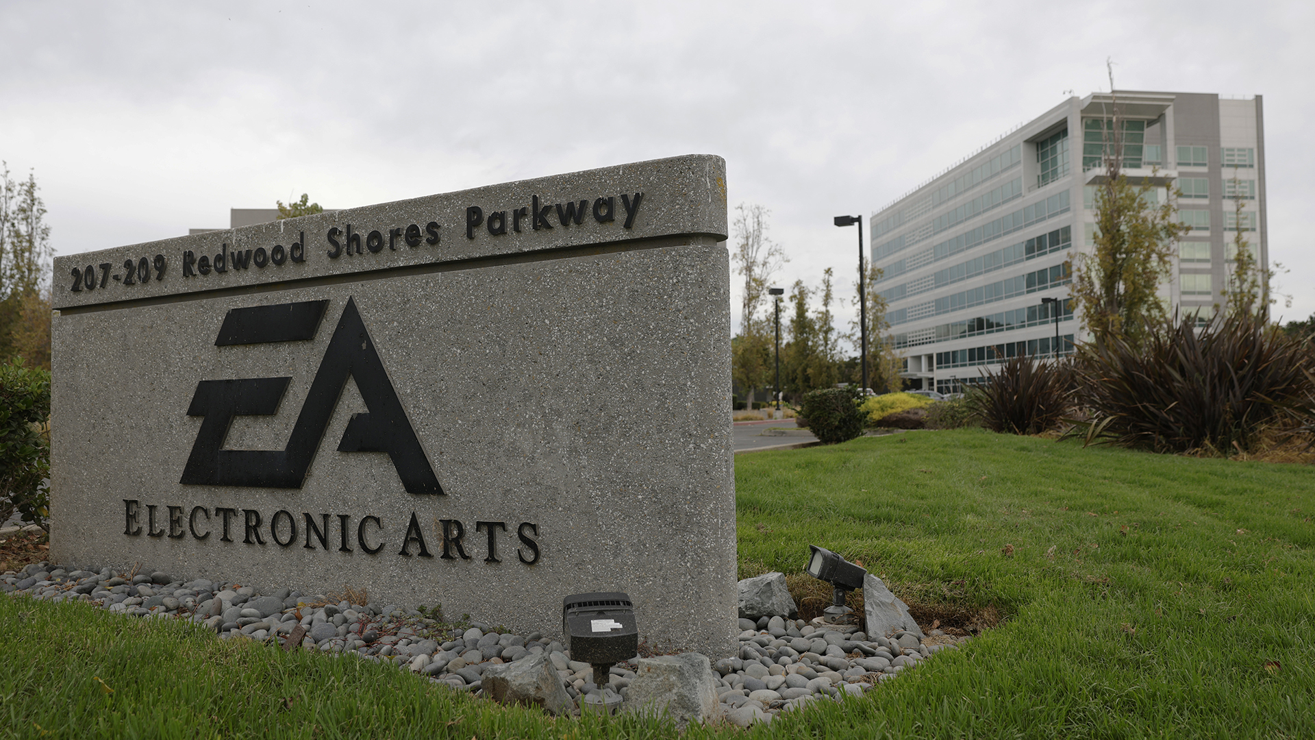 A sign is posted in front of Electric Arts headquarters on September 29, 2025 in Redwood City, California.