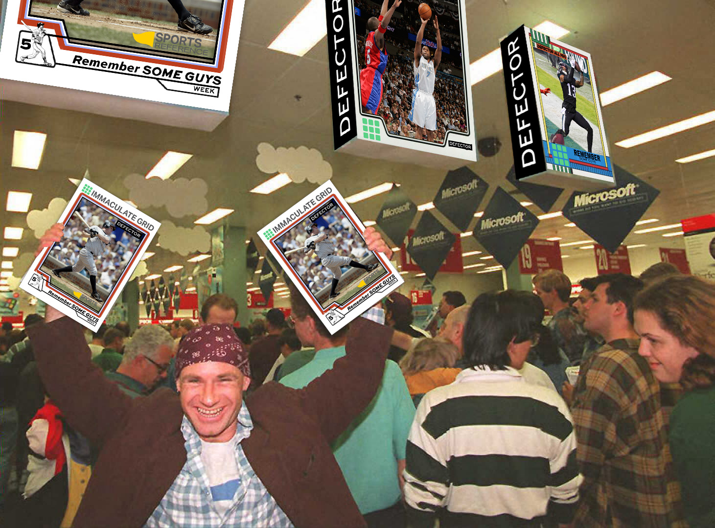 Mikol Furneaux(L) waves two packages of Windows 95 software in the first store in Australia to sell the product at midnight 24 August. Microsoft hopes to sell between 20 and 30 million copies of the software world wide by the end of 1995. This photo has been edited to insert Defector "Remember Some Guys" baseball cards in the image