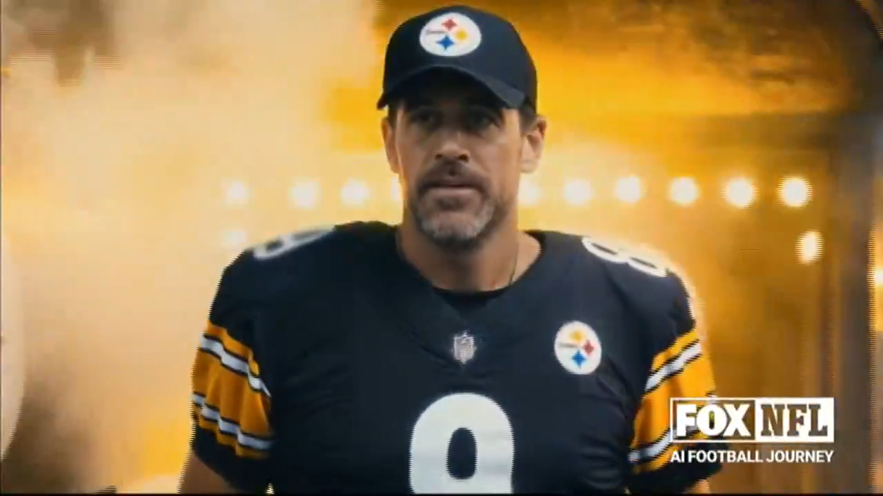 AI Aaron Rodgers in an incorrect Steelers hat, looking like shit