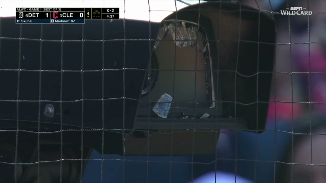 A camera that has been absolutely obliterated by a baseball from the first game of the Tigers/Guardians series in the 2025 MLB Playoffs.