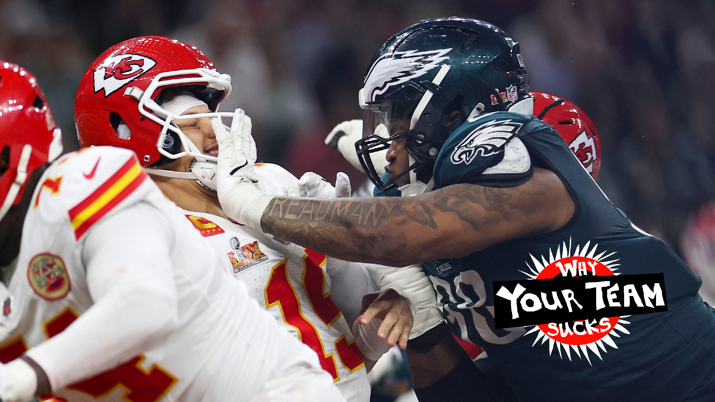 NEW ORLEANS, LOUISIANA - FEBRUARY 09: Patrick Mahomes #15 of the Kansas City Chiefs is sacked by Jalen Carter #98 of the Philadelphia Eagles during Super Bowl LIX at Caesars Superdome on February 09, 2025 in New Orleans, Louisiana. The Eagles defeated the Chiefs 40-22.