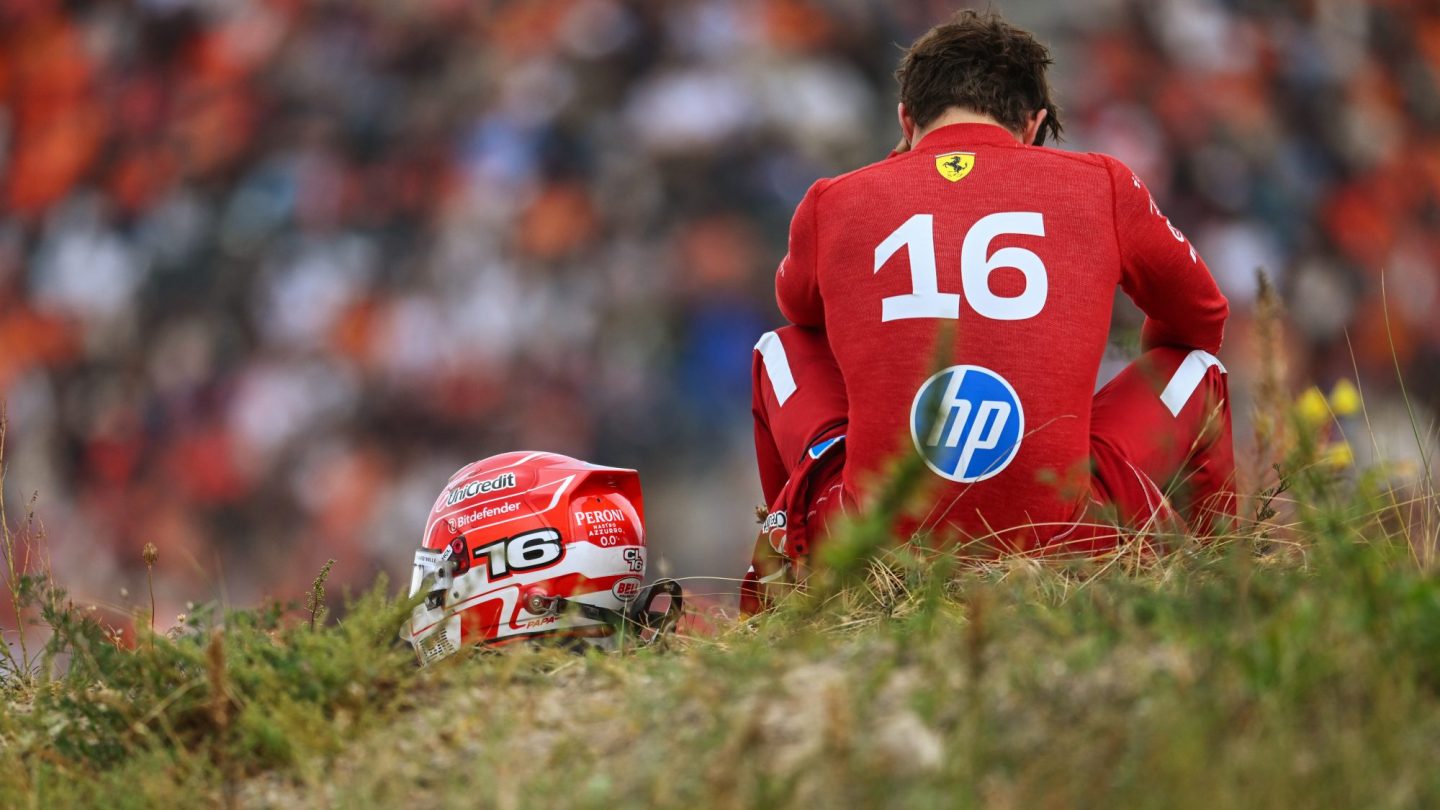 Charles Leclerc of Monaco and Scuderia Ferrari sits out after a crash.