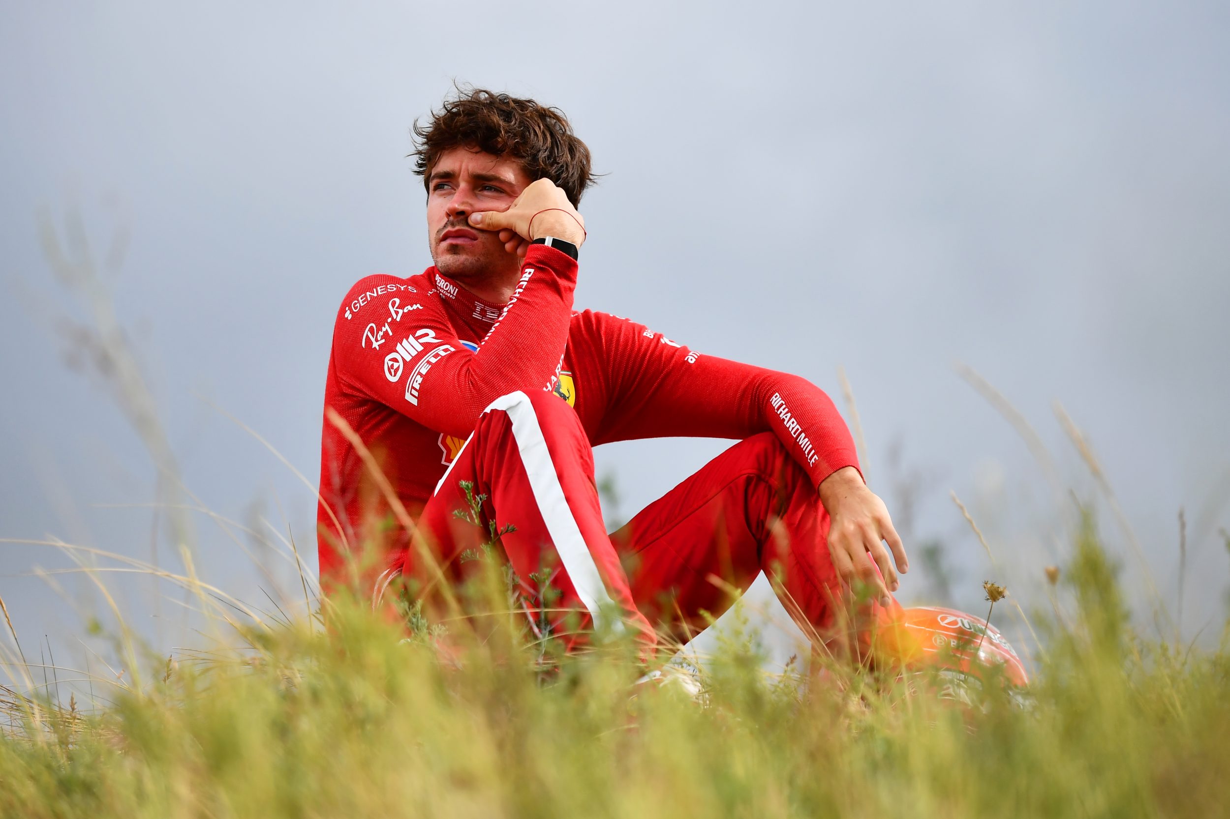 Charles Leclerc of Monaco and Scuderia Ferrari sits out after a crash.