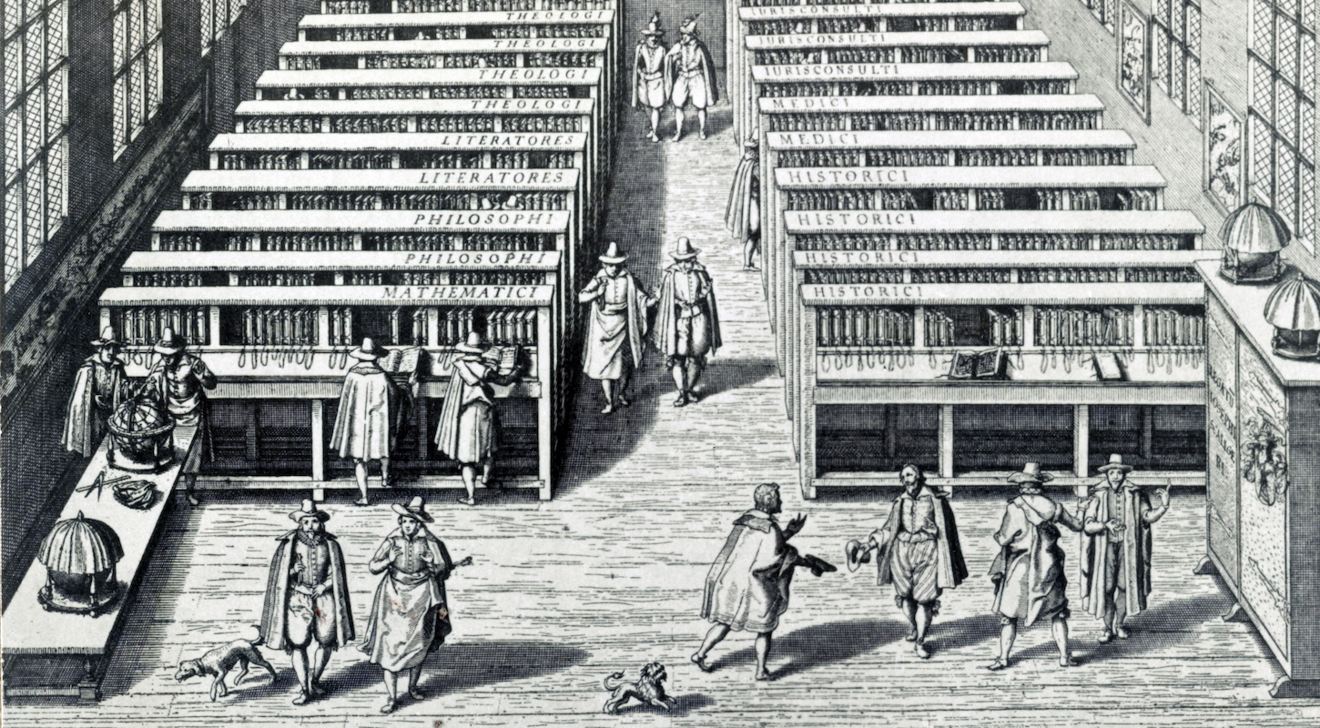Engraving shows interior of Leiden University library, Netherlands 1610 by Jan Cornelisz Woudanus, approximately 1570-1615.