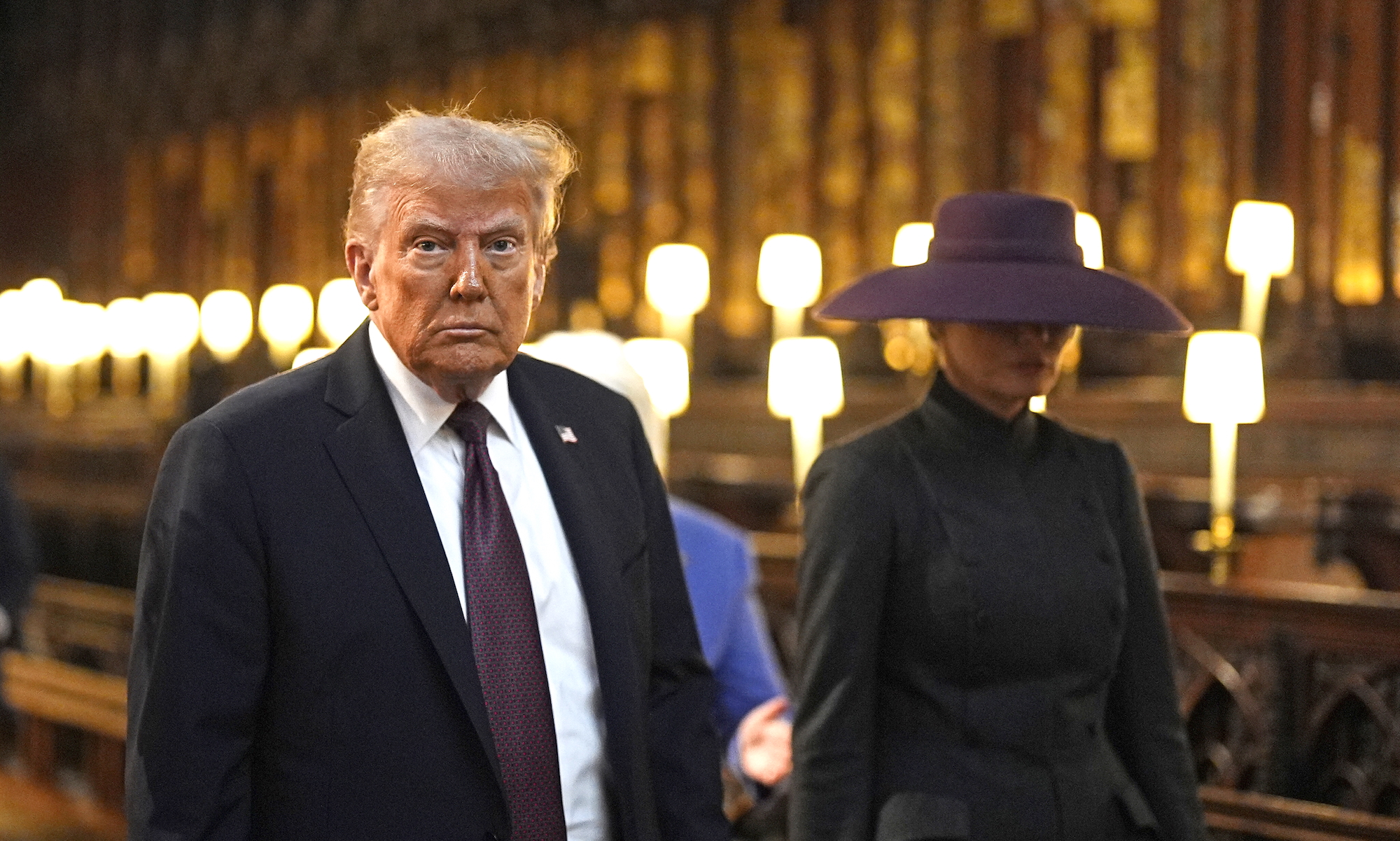 US President Donald Trump and First Lady Melania Trump during a visit to St George's Chapel at Windsor Castle, Berkshire, on day one of their second state visit to the UK.