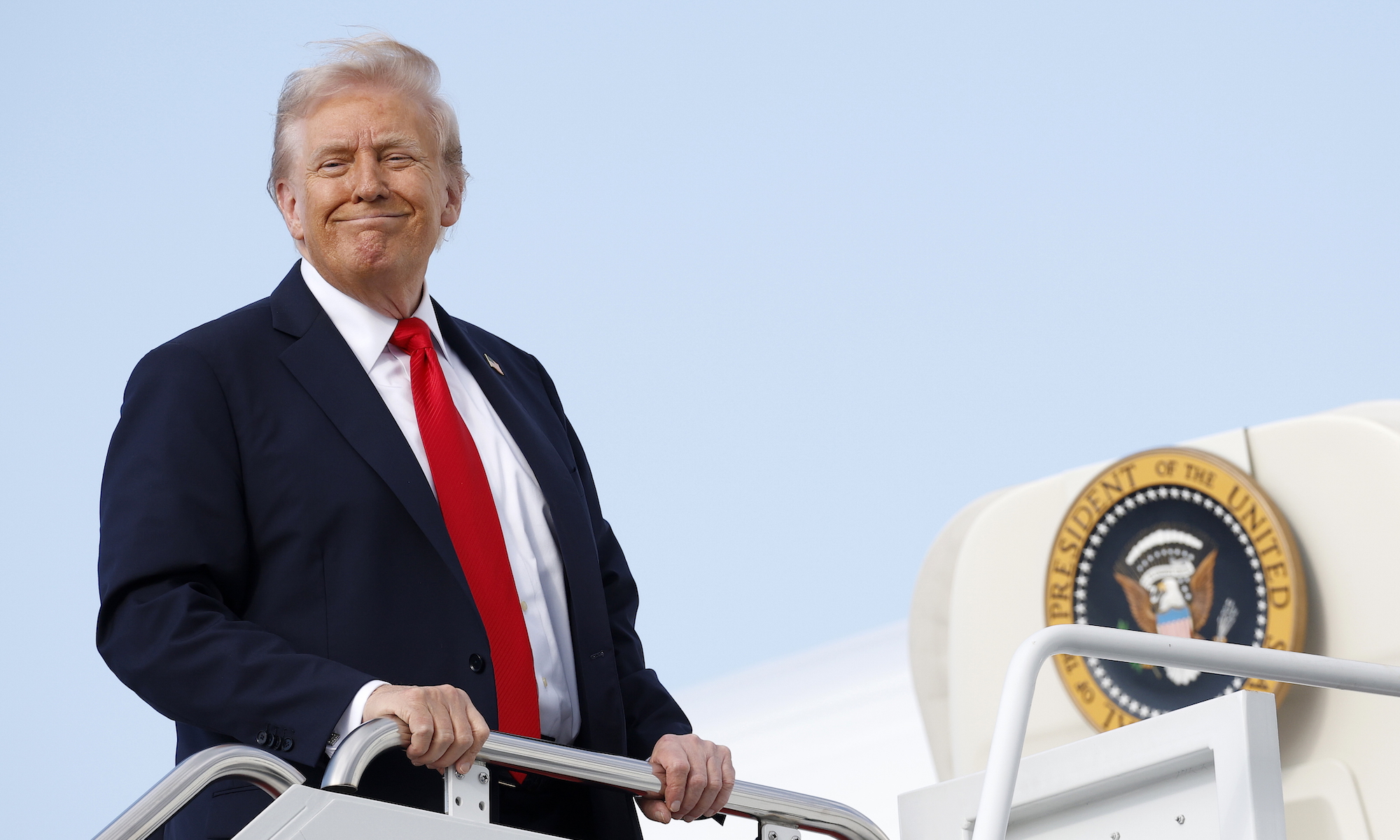 U.S. President Donald Trump boards Air Force One on September 11, 2025 at Joint Base Andrews, Maryland. President Trump is traveling to New York to attend a New York Yankees game and to stay at his golf club in Bedminster, New Jersey for the weekend.