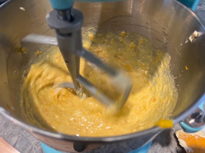 Batter in a stand mixer.