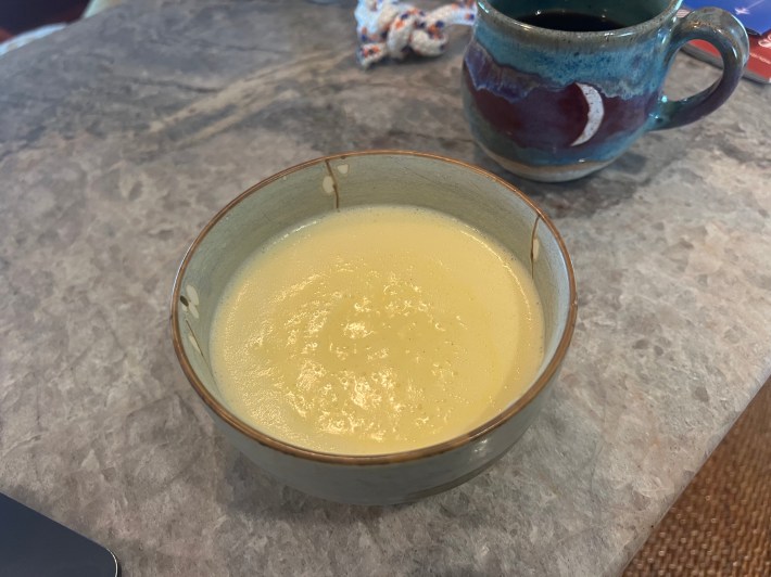 Finished custard in a glass bowl.