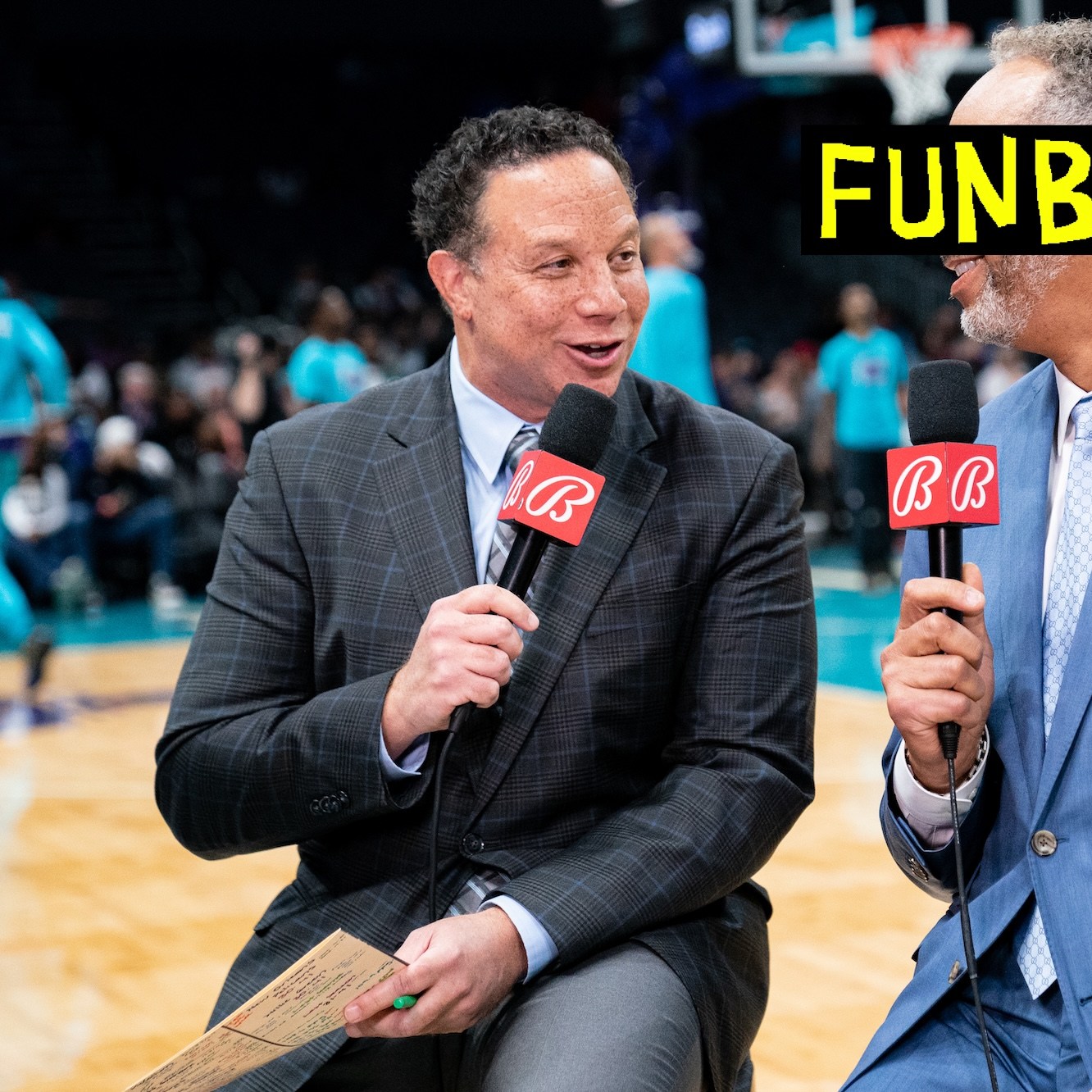 CHARLOTTE, NORTH CAROLINA - MARCH 21: (L-R) Eric Collins talks with Dell Curry before the game between the Charlotte Hornets and the New Orleans Pelicans at Spectrum Center on March 21, 2022 in Charlotte, North Carolina. NOTE TO USER: User expressly acknowledges and agrees that, by downloading and or using this photograph, User is consenting to the terms and conditions of the Getty Images License Agreement. (Photo by Jacob Kupferman/Getty Images)