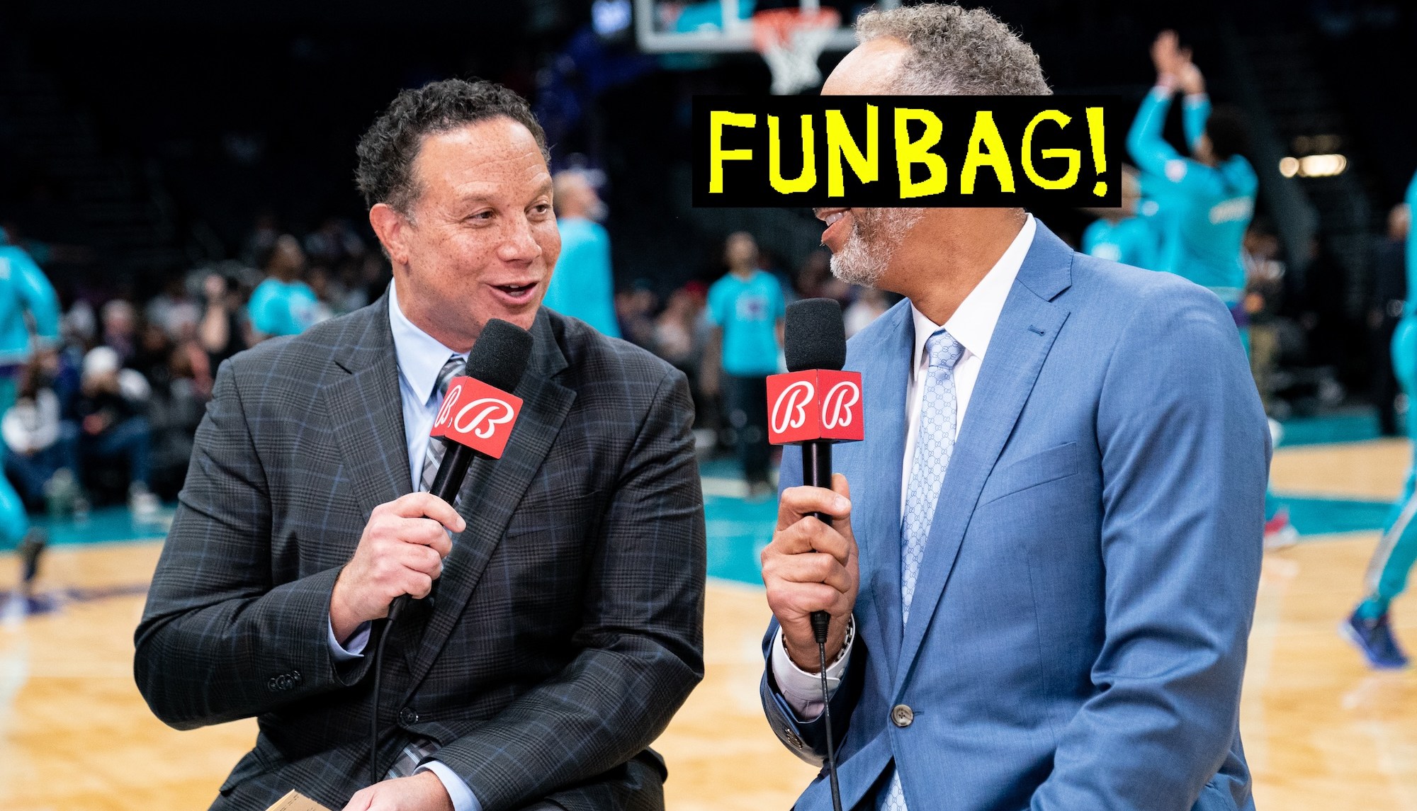 CHARLOTTE, NORTH CAROLINA - MARCH 21: (L-R) Eric Collins talks with Dell Curry before the game between the Charlotte Hornets and the New Orleans Pelicans at Spectrum Center on March 21, 2022 in Charlotte, North Carolina. NOTE TO USER: User expressly acknowledges and agrees that, by downloading and or using this photograph, User is consenting to the terms and conditions of the Getty Images License Agreement. (Photo by Jacob Kupferman/Getty Images)