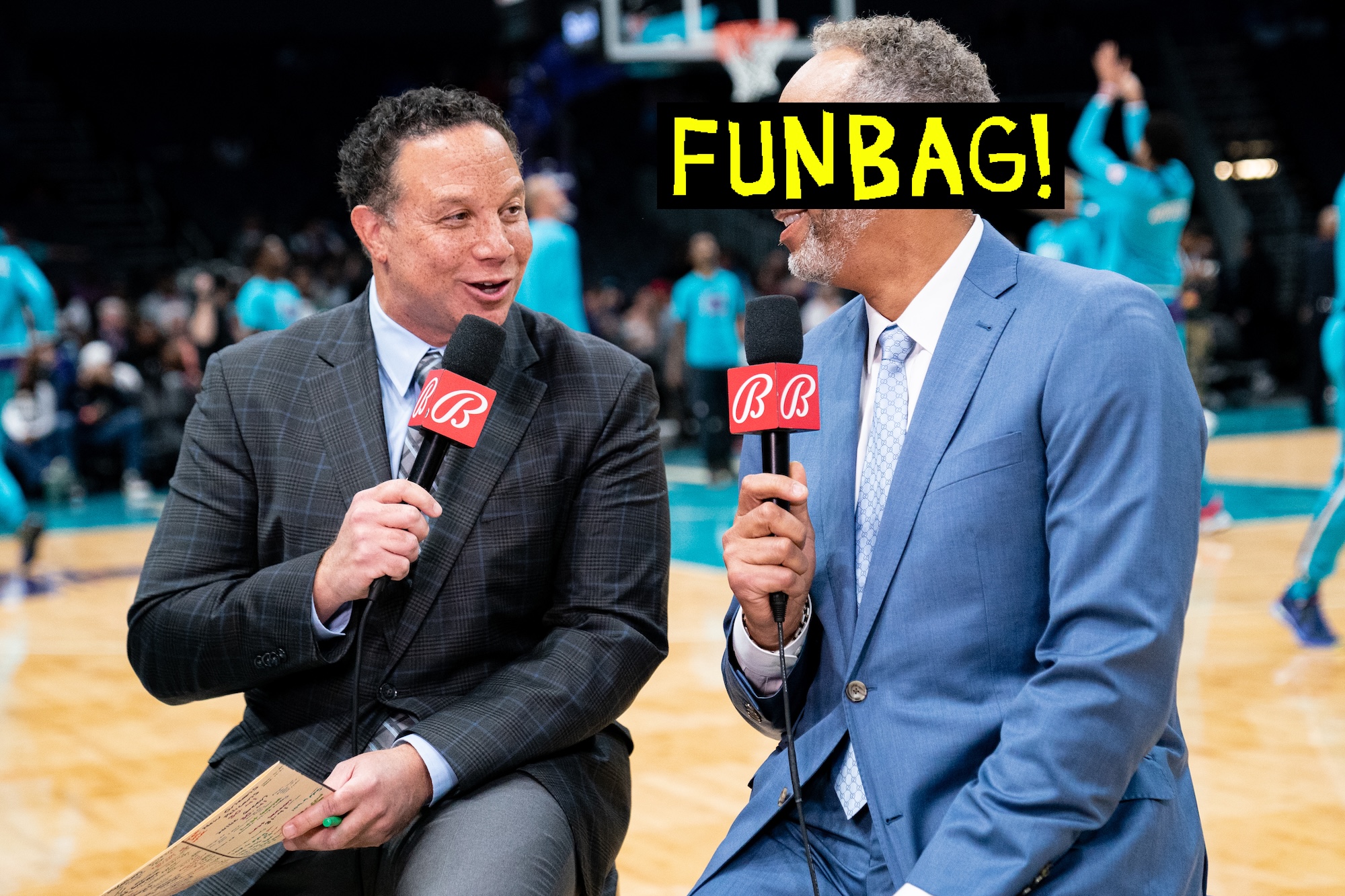 CHARLOTTE, NORTH CAROLINA - MARCH 21: (L-R) Eric Collins talks with Dell Curry before the game between the Charlotte Hornets and the New Orleans Pelicans at Spectrum Center on March 21, 2022 in Charlotte, North Carolina. NOTE TO USER: User expressly acknowledges and agrees that, by downloading and or using this photograph, User is consenting to the terms and conditions of the Getty Images License Agreement. (Photo by Jacob Kupferman/Getty Images)
