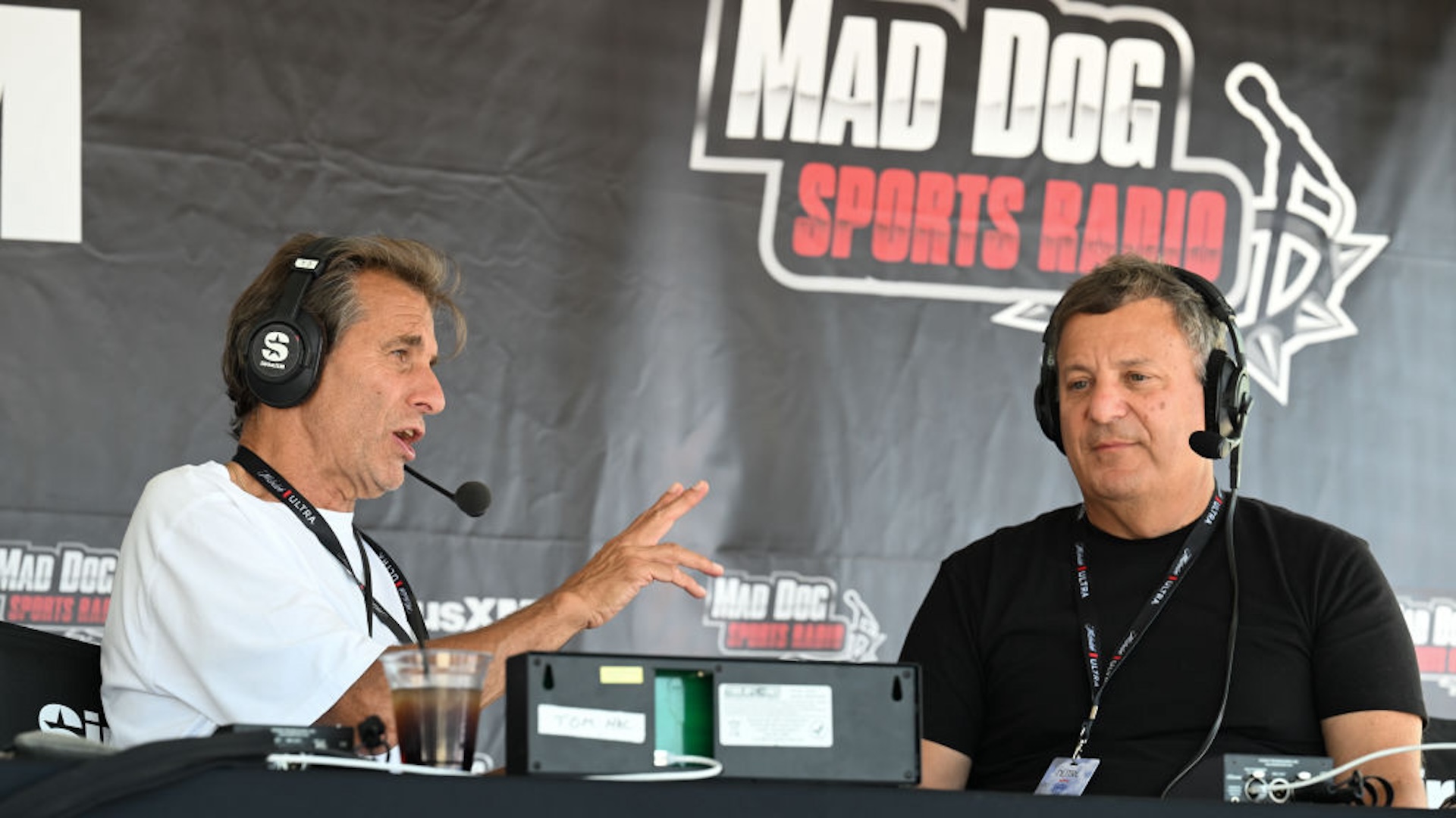 Chris "Mad Dog" Russo and Michael Lombardi attend the SiriusXM's Chris "Mad Dog" Russo Broadcast From Bar A at The Jersey Shore Bar Anticipation on July 26, 2024 in Lake Como, New Jersey.