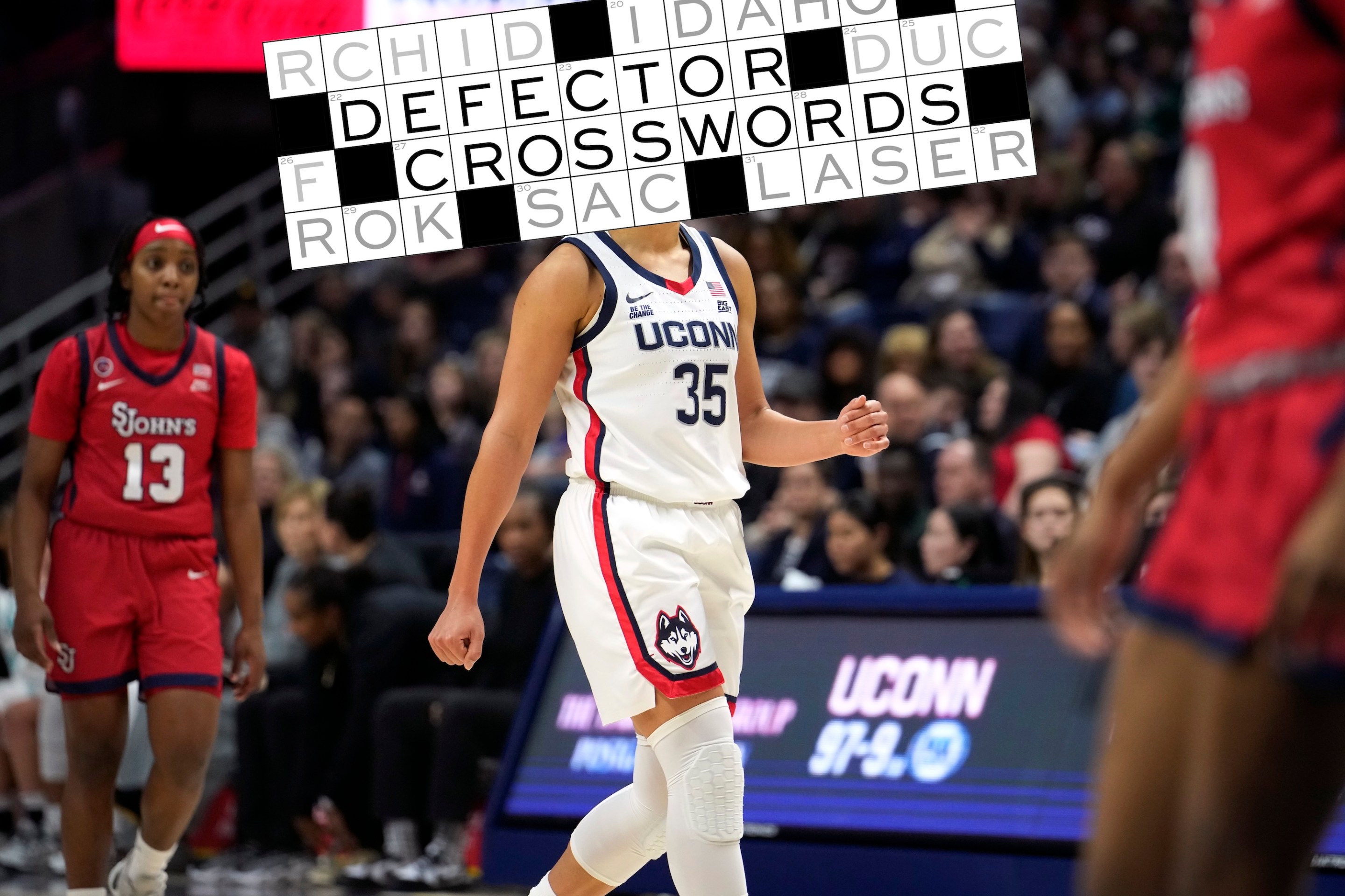 Azzi Fudd #35 of the Connecticut Huskies reacts during the first half of an NCAA women's basketball game against the St. John's Red Storm at the Harry A. Gampel Pavilion on February 12, 2025 in Storrs, Connecticut.