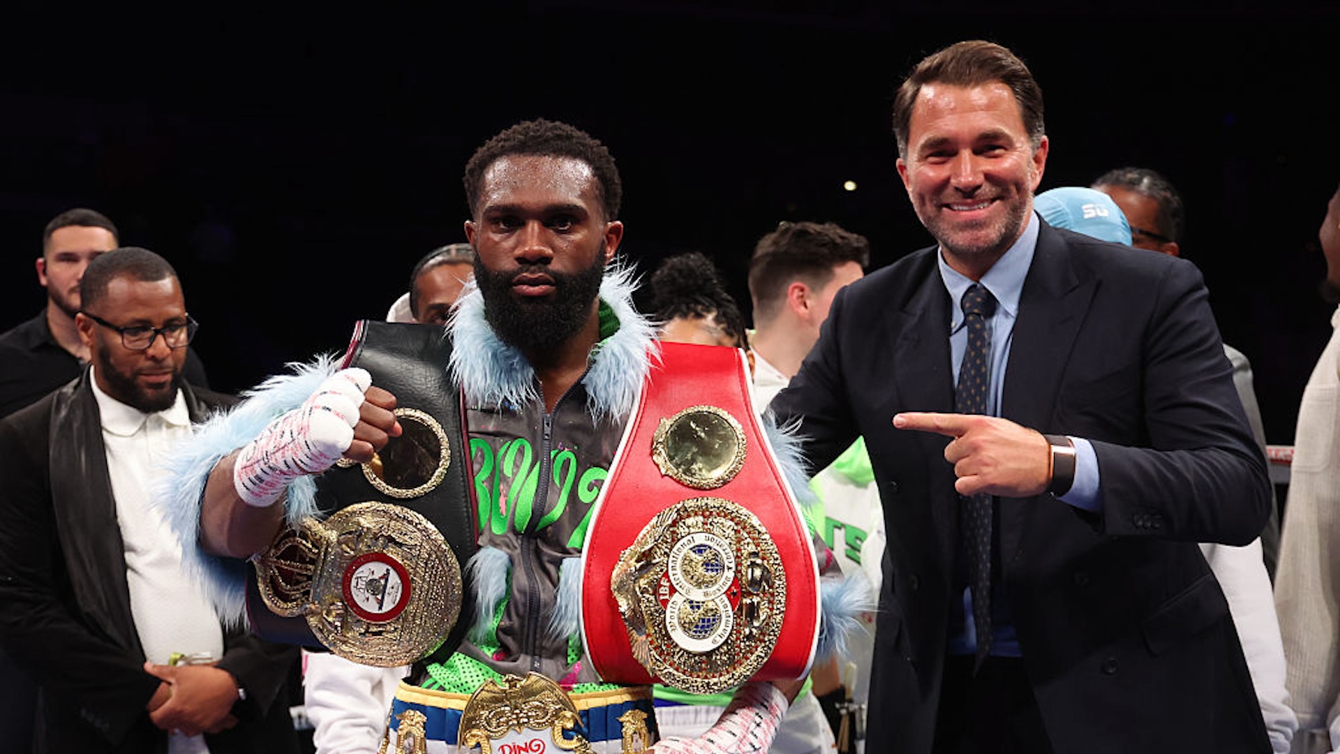 Jaron Ennis celebrates his win over Eimantas Stanionis to capture the IBF, WBA and Ring Magazine welterweight titles at Jim Whelan Boardwalk Hall on April 12, 2025 in Atlantic City, New Jersey.